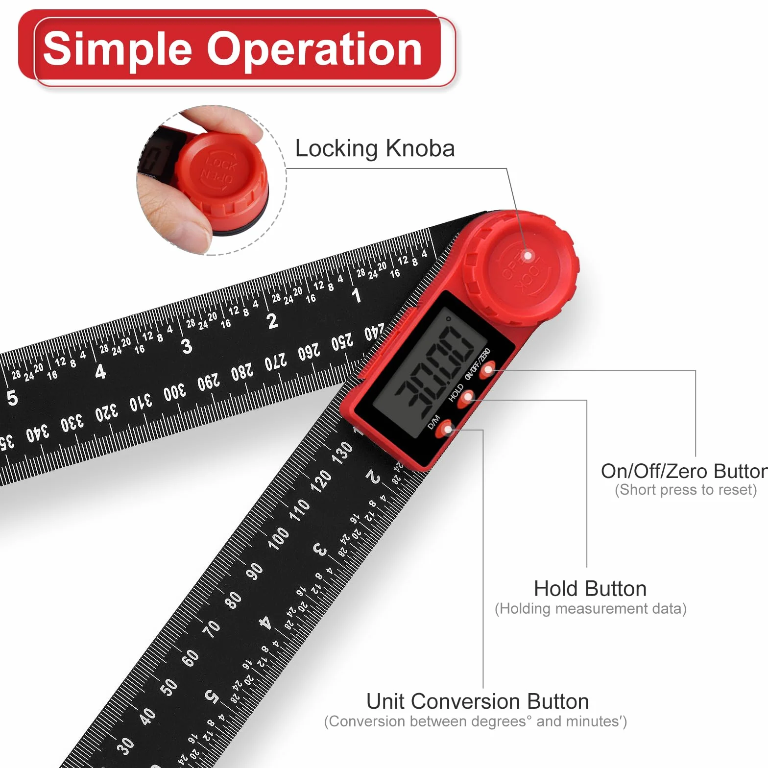Goniometro digitale 2 in 1 200 mm 7,8 pollici con display LCD e funzione hold blocco righello angolare girevole 360°
