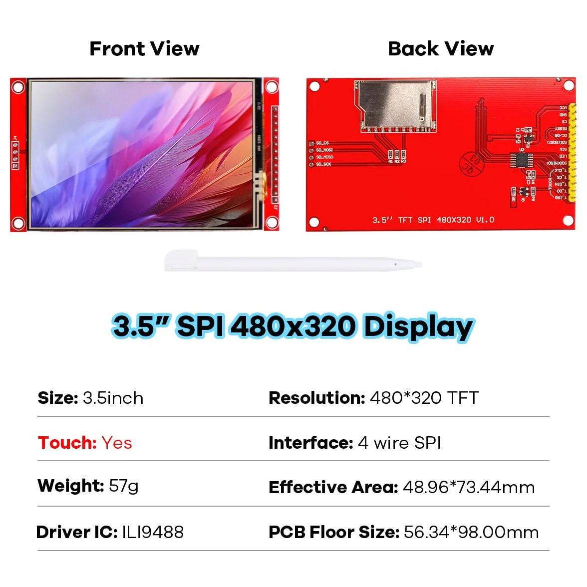 LAFVIN 3.5 inch TFT LCD Touch Display Shield Module 480x320 SPI Serial ILI9488 with Touch Pen Compatible with Arduino