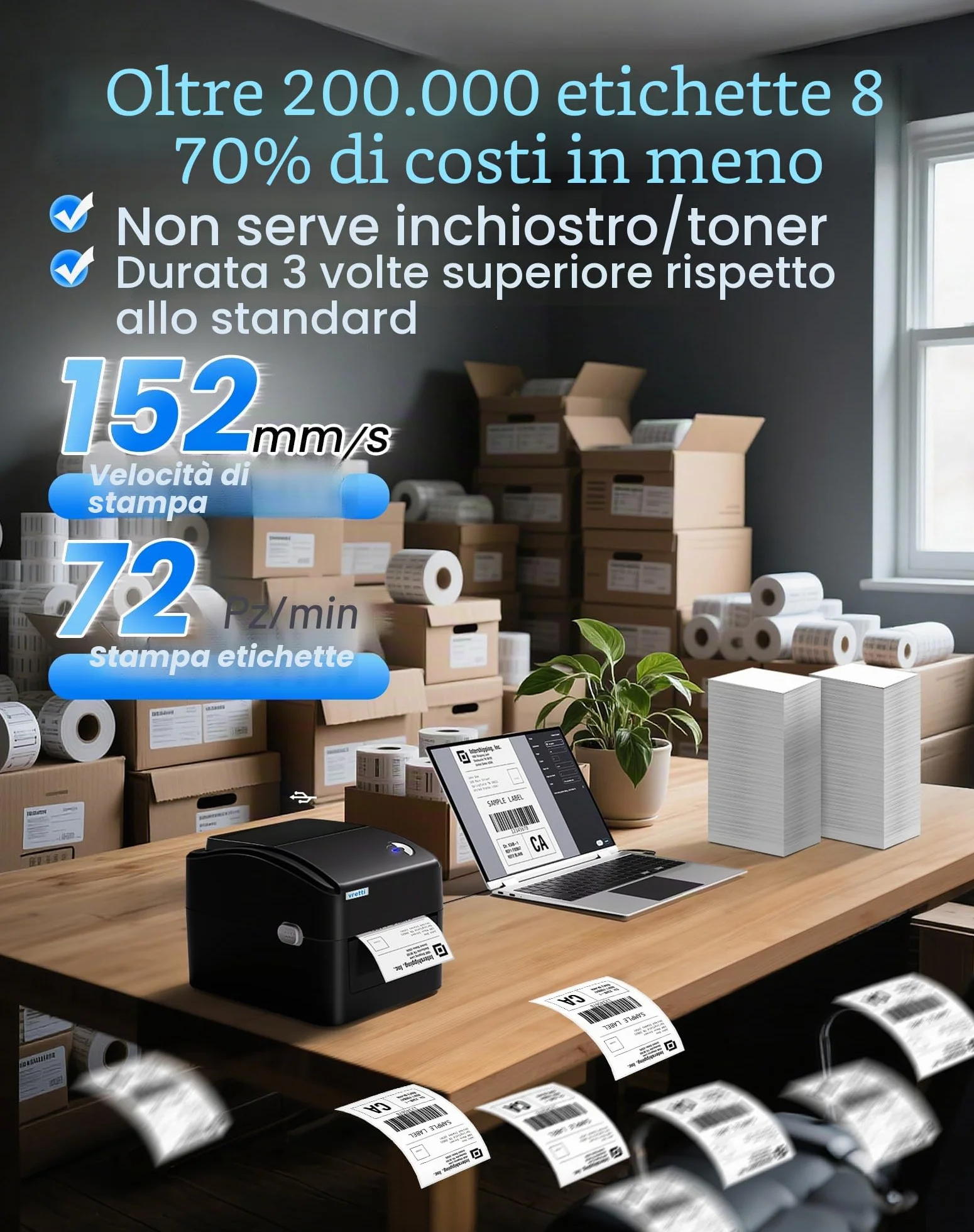 vretti Stampante per Etichette di Spedizione, Stampante Termica per Etichette 4x6 per Pacchetti di Spedizione, per Piccole Aziende UPS Amazon