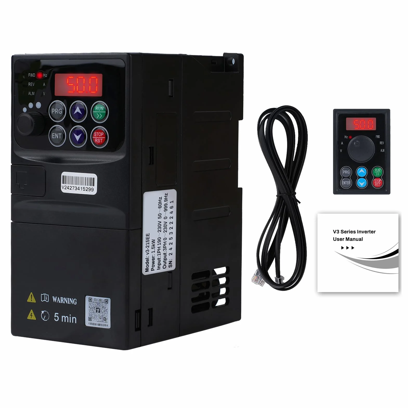 1.5KW Inverter per motori trifase 220V Ingresso monofase 220v Uscita trifase 220 Variatore di frequenza VFD quadro elettrico rimovibile modello V3-215EE (con cavo di prolunga da 1,5m)