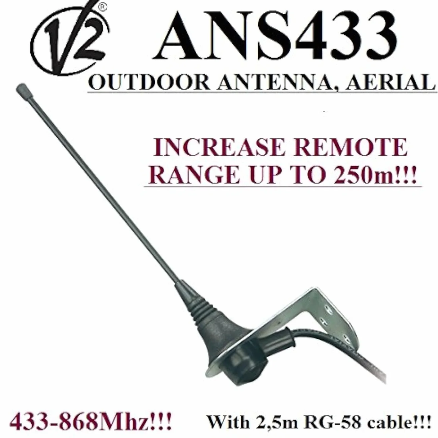 Antenna esterna V2 ANS433 per qualsiasi automazione del cancello da 433 a 868 Mhz 50 Ohm Portata fino a 250 m