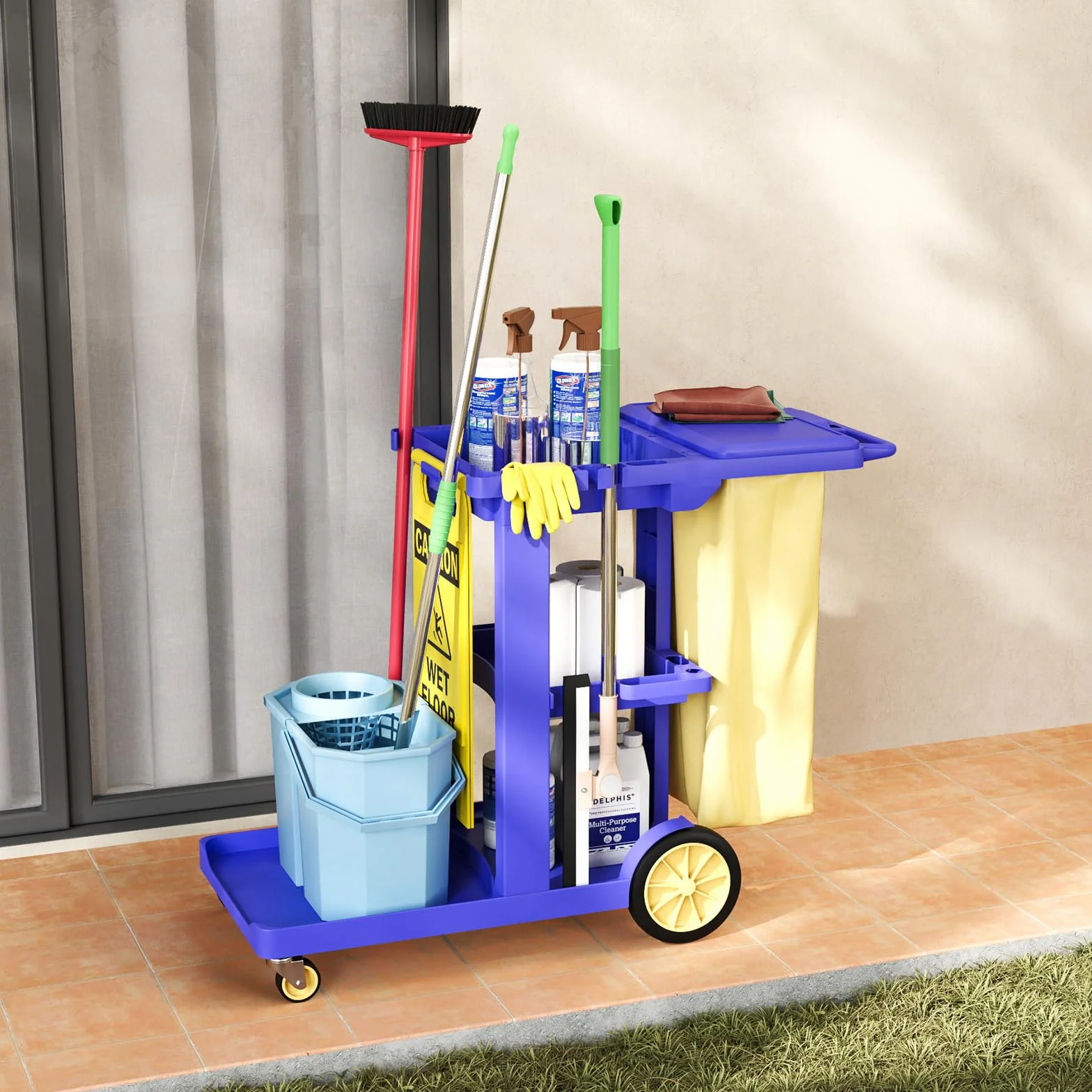 Carrello per pulizie con 3 scomparti, carrello per pulizie professionale per uso commerciale, 83 x 46 x 90 cm, carrello domestico con 4 ruote, grande capacità 65 L, sacco per rifiuti per