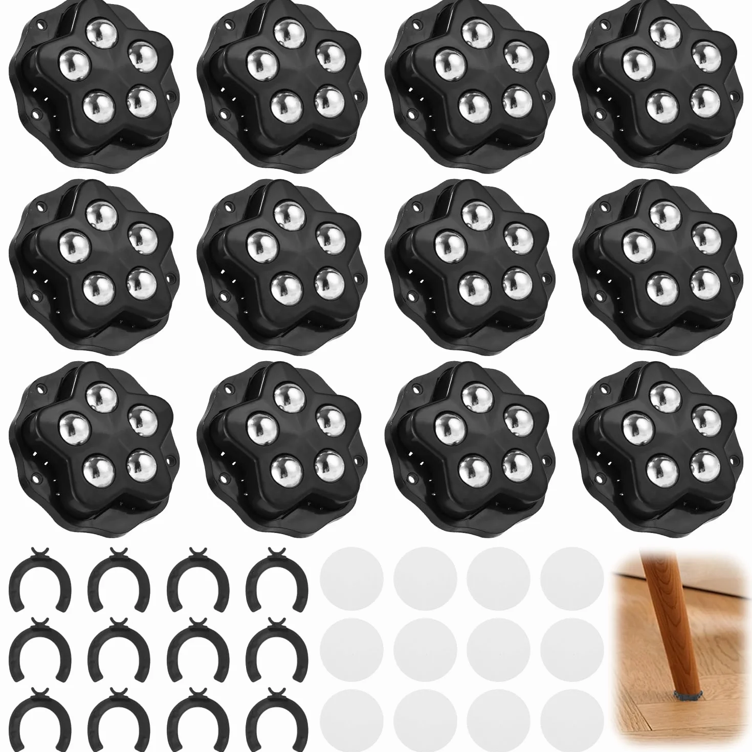 Rotelle per mobili pesanti – 12 pezzi ruote a 5 sfere, capacità 300KG, 360° rotelle girevoli, autoadesive & a vite, per mobili, valigie, elettrodomestici, vasi (Nero)