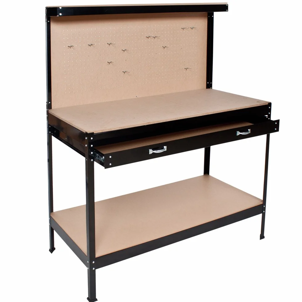 tectake® Banco da lavoro 120x60x156cm, Tavolo ideale per Fai da te, 12 Ganci inclusi, Ampio Cassetto per vari Utensili, Parete con Fori, Spazio per Attrezzi da Lavoro in Garage, Officina, Casa - Nero
