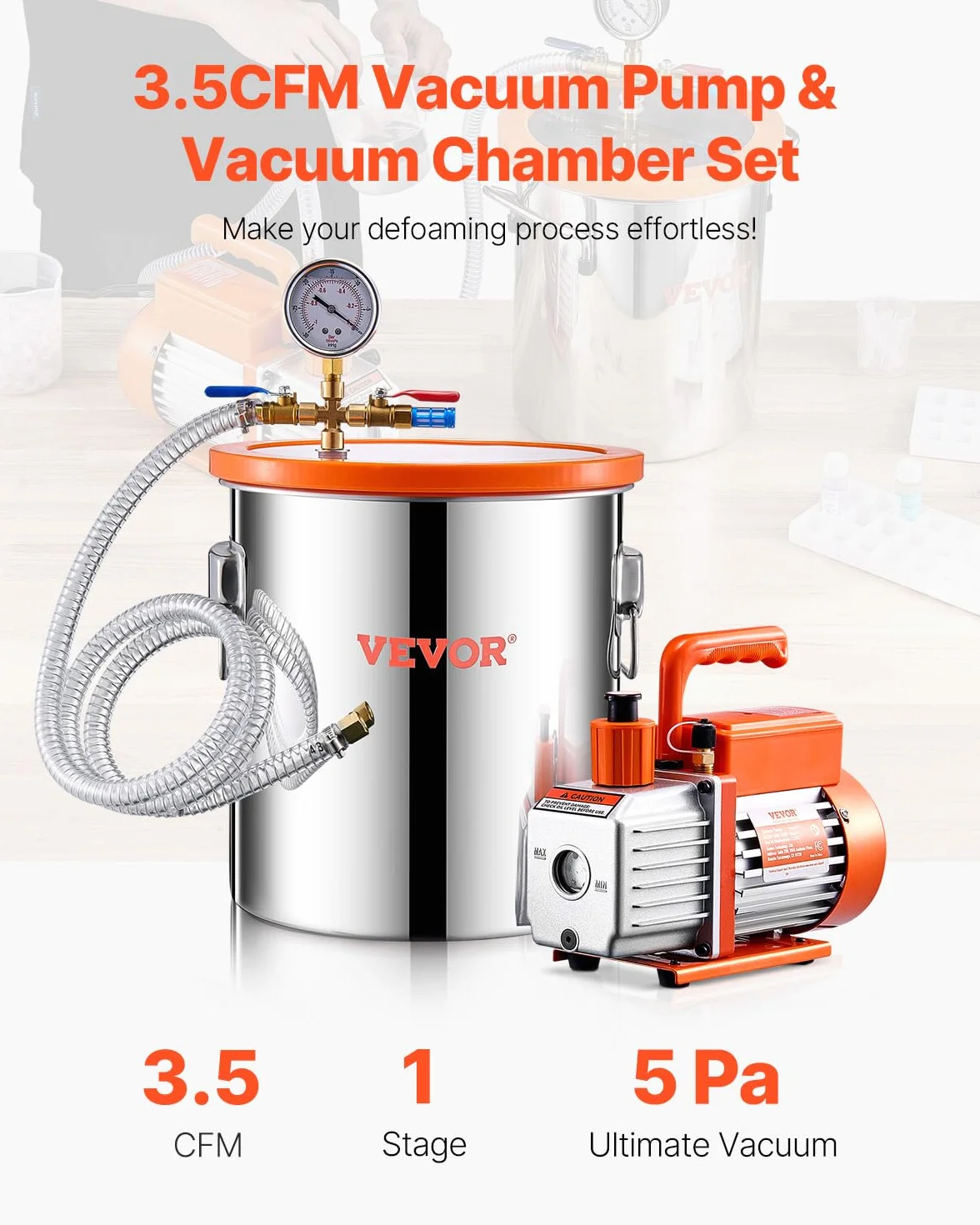 VEVOR Kit Camera a Vuoto 18,9 L e Pompa 1,65 L/s, in Acciaio Inox, Camera di Degasaggio Pompa a Vuoto Monostadio, con Coperchio, Olio, Tubo Flessibile, per Degasaggio Resina Epossidica Siliconica