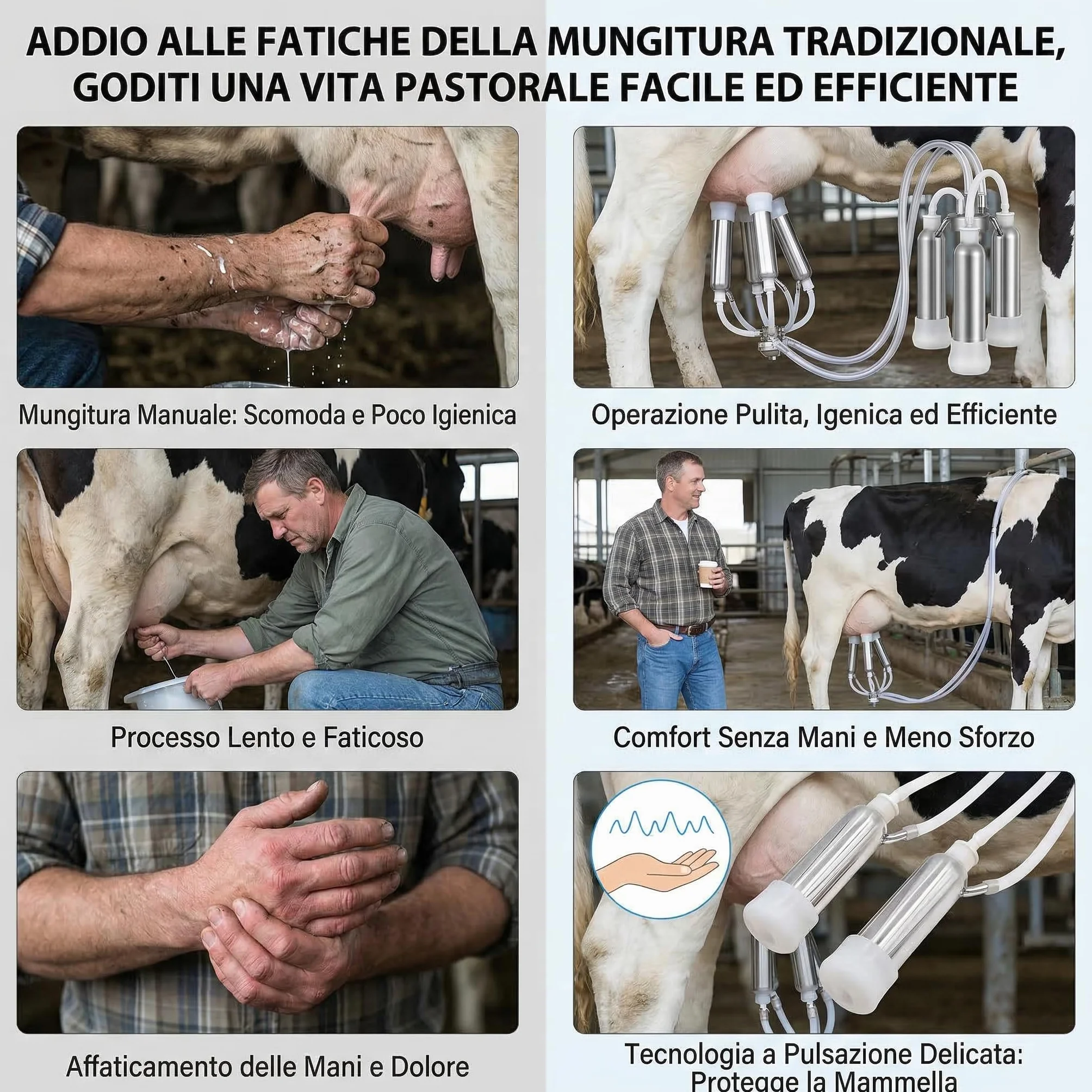 Mungitrice per mucche, 【KOUBHYJ 12L Attrezzatura per la Mungitura】[Integrato-Caricabile e collegabile-Massaggio pulsante]con Secchio in Acciaio Inox 4 Tettarella In Gomma per Mucche