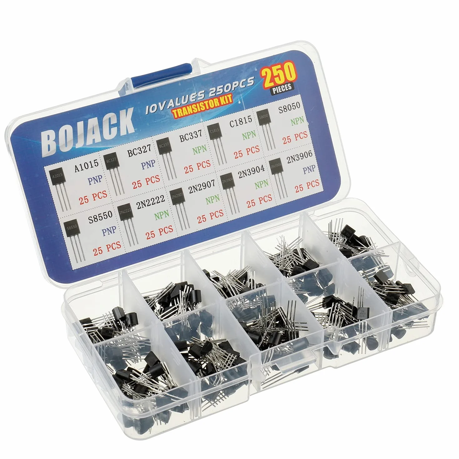 Bojack Kit di transistor di potenza assortiti 250 pezzi 10 Valori PNP NPN A1015 BC327 BC337 C1815 S8050 S8550 2N2222 2N2907 2N3904 2N3906
