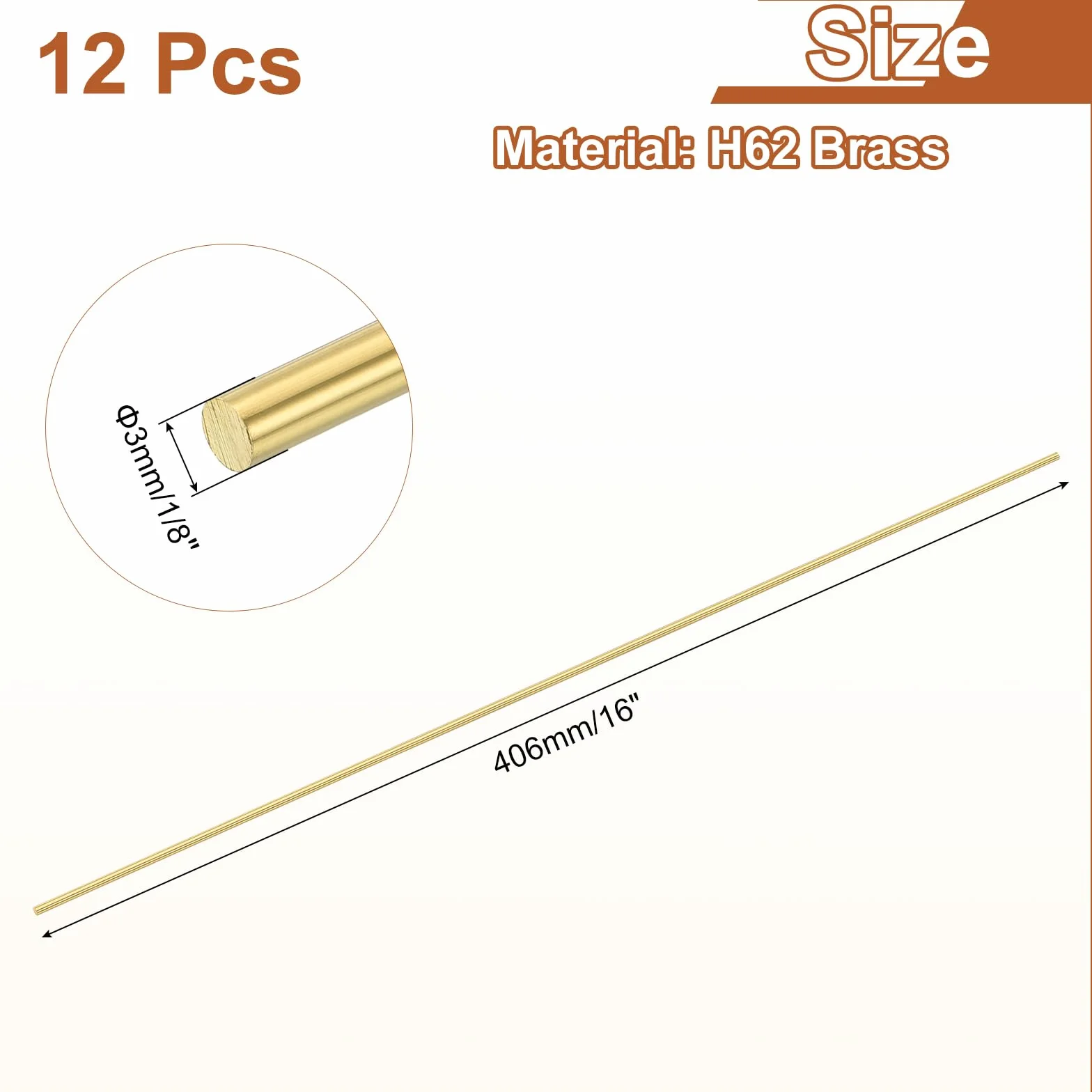 QUARKZMAN 12 Pezzi Barra Tonda Solida In Ottone H62 1/8"(3mm) x 16"(406mm) Per DIY Artigianato