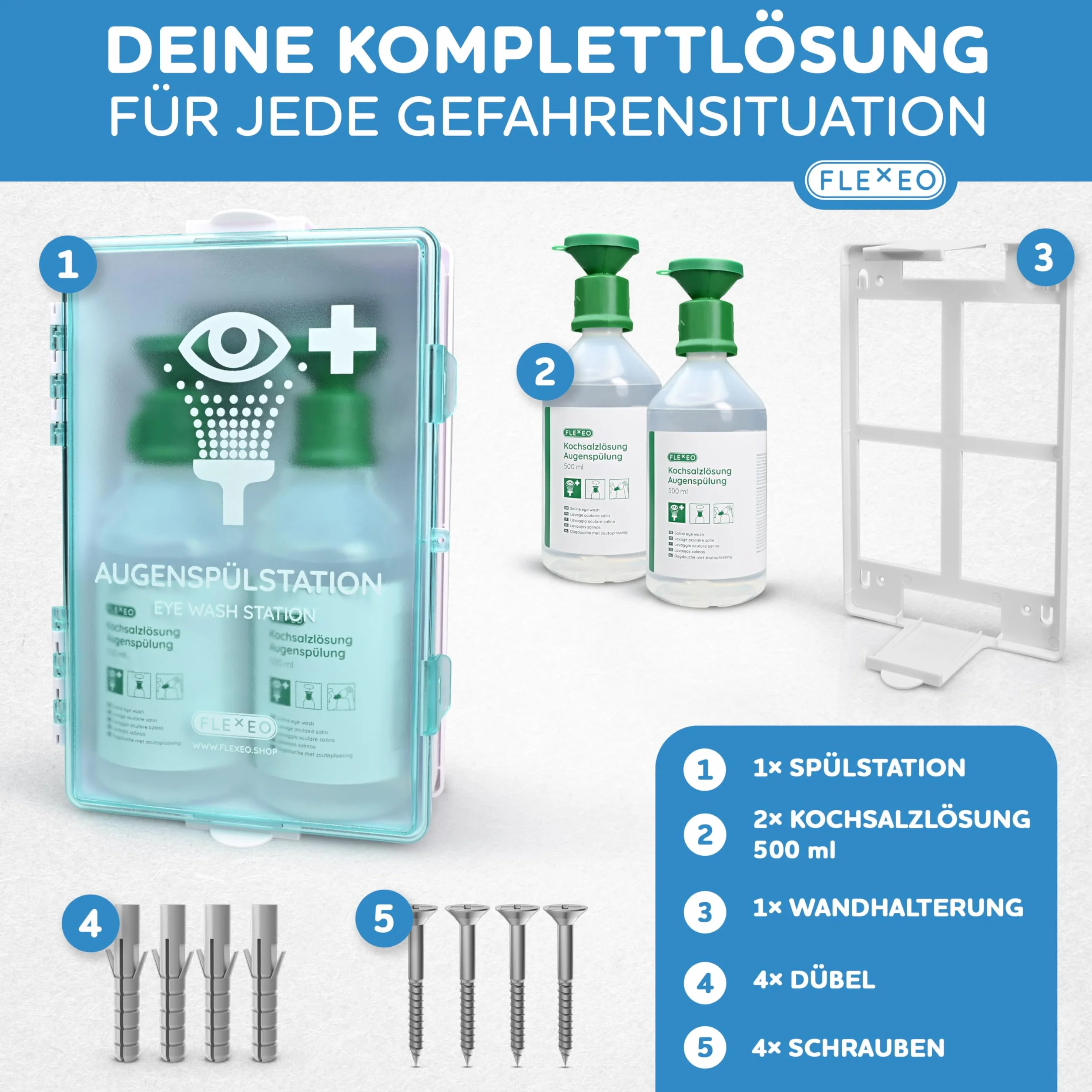 FLEXEO Stazione di lavaggio degli occhi 2 × 500 ml soluzione salina supporto parete Eyewash Station NaCl 0,9%