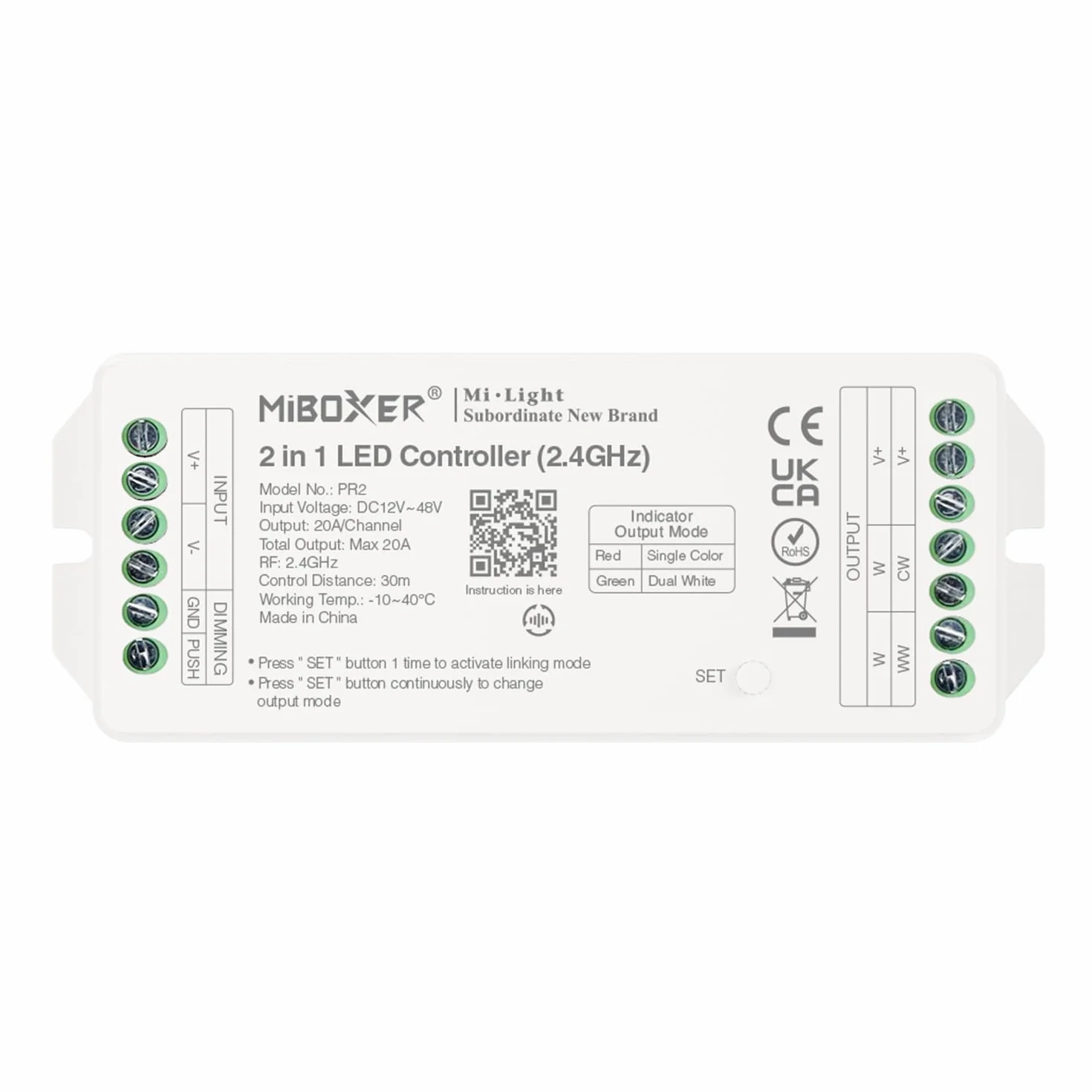 LIGHTEU®, Miboxer 2.4GHz 2 in 1 LED Controller DC12V-48V Alta potenza Max. 20A, PWM alta/bassa frequenza, supporta push dimming, PR2