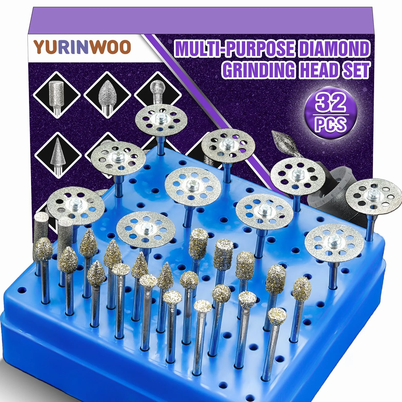 32 Pezzi Frese Diamantate Set con Custodia, Grana 60, con 10 dischi diamantati, set di punte da trapano con gambo da 1/8" (3 mm) per intaglio, lucidatura e taglio di pietra, vetro e ceramica