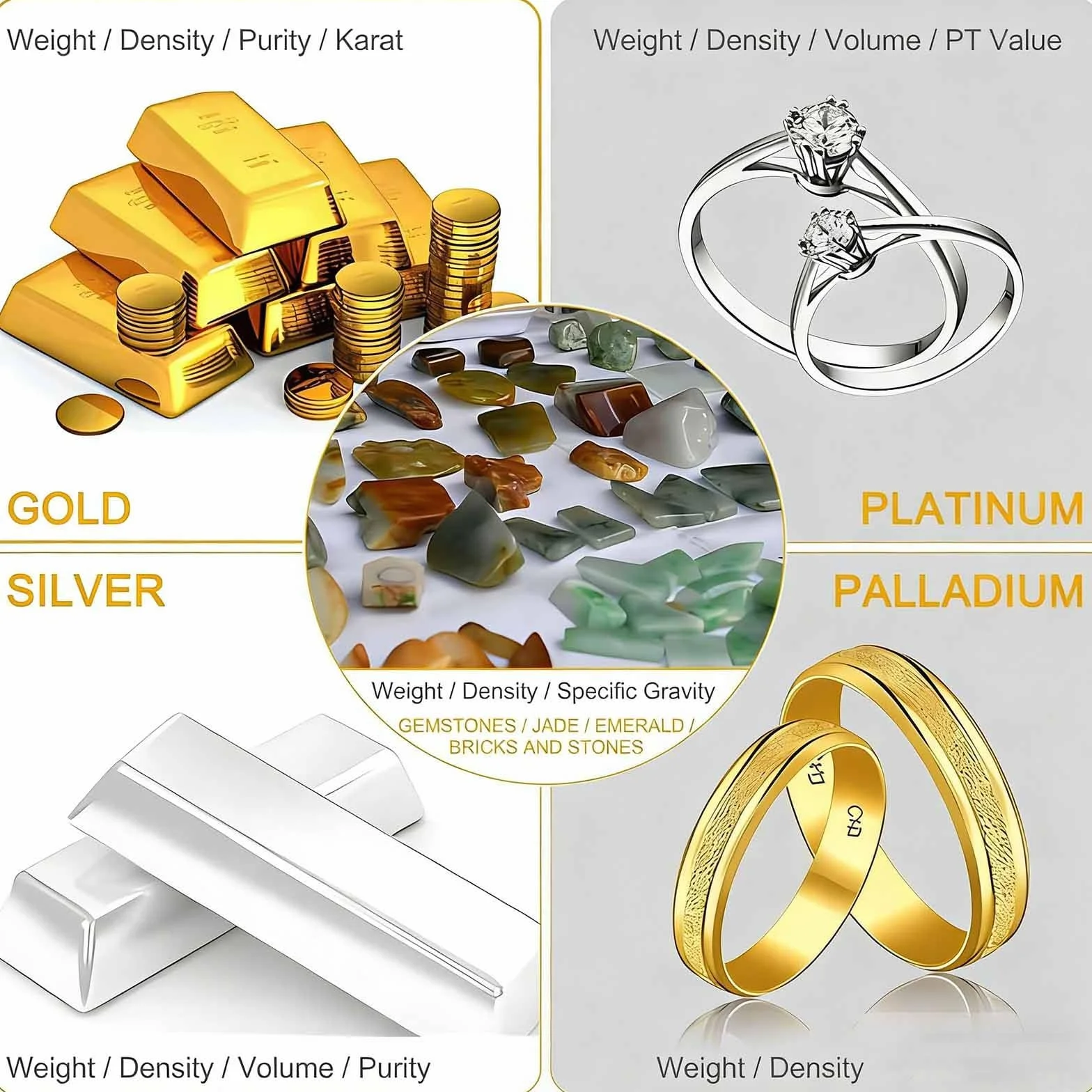 Rilevatore di Purezza Oro, Misuratore K Oro, Tester Densità Oro Argento 1200g