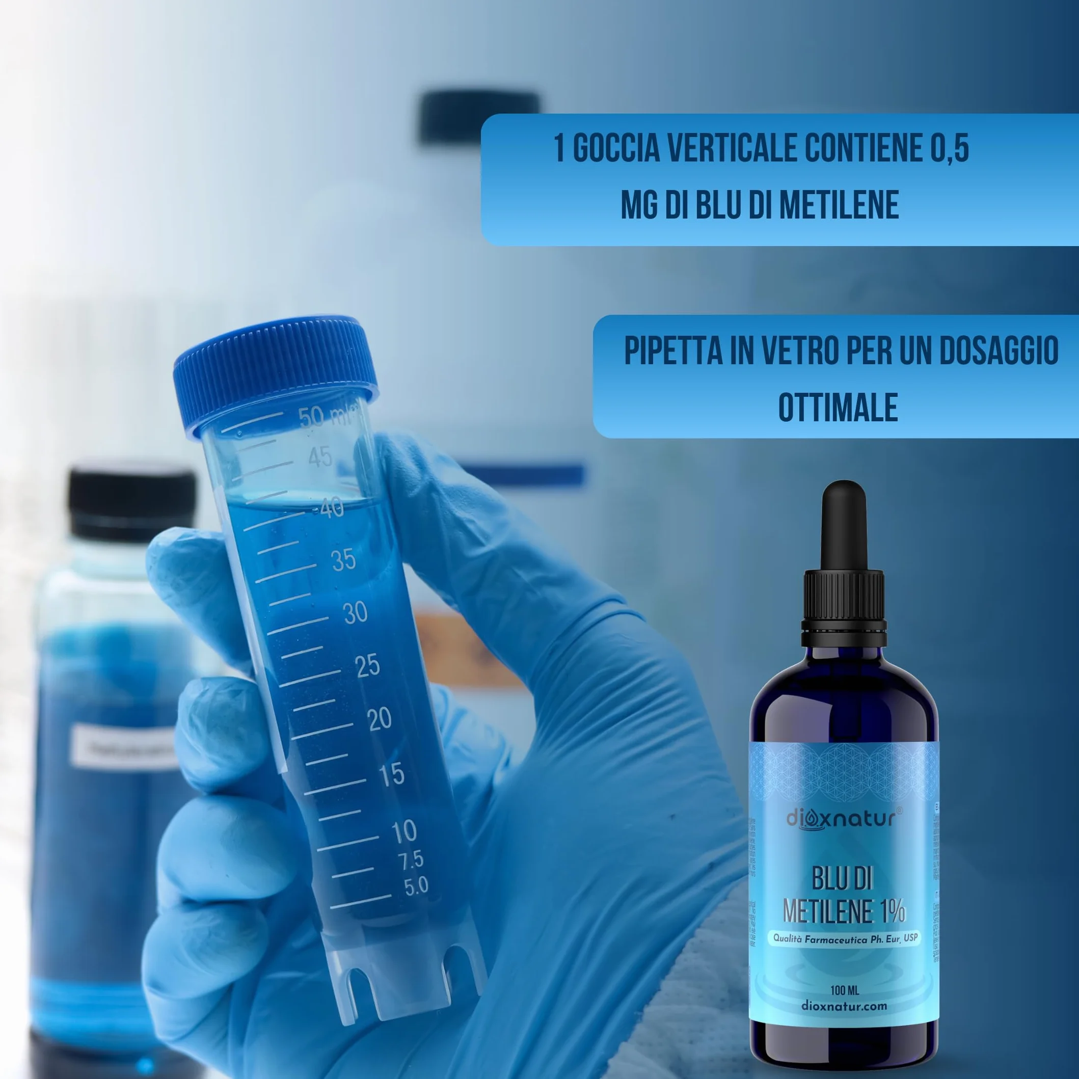 Blu di Metilene 1% USP 100 ml, Alta Purezza, Pipetta Integrata