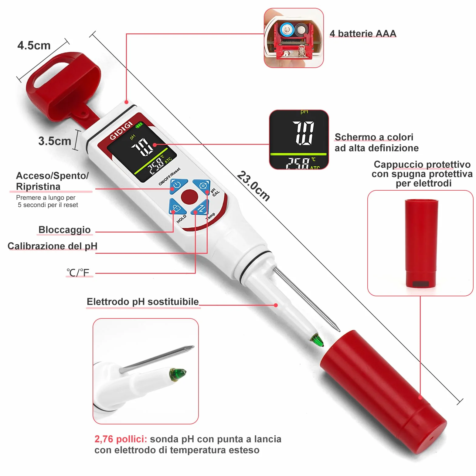 Misuratore di pH per la fermentazione alimentare, display a colori punta a lancia tester di pH per alimenti con ATC per cosmetici, lievito madre, Carne, formaggio, prodotti in scatola，Sottaceto