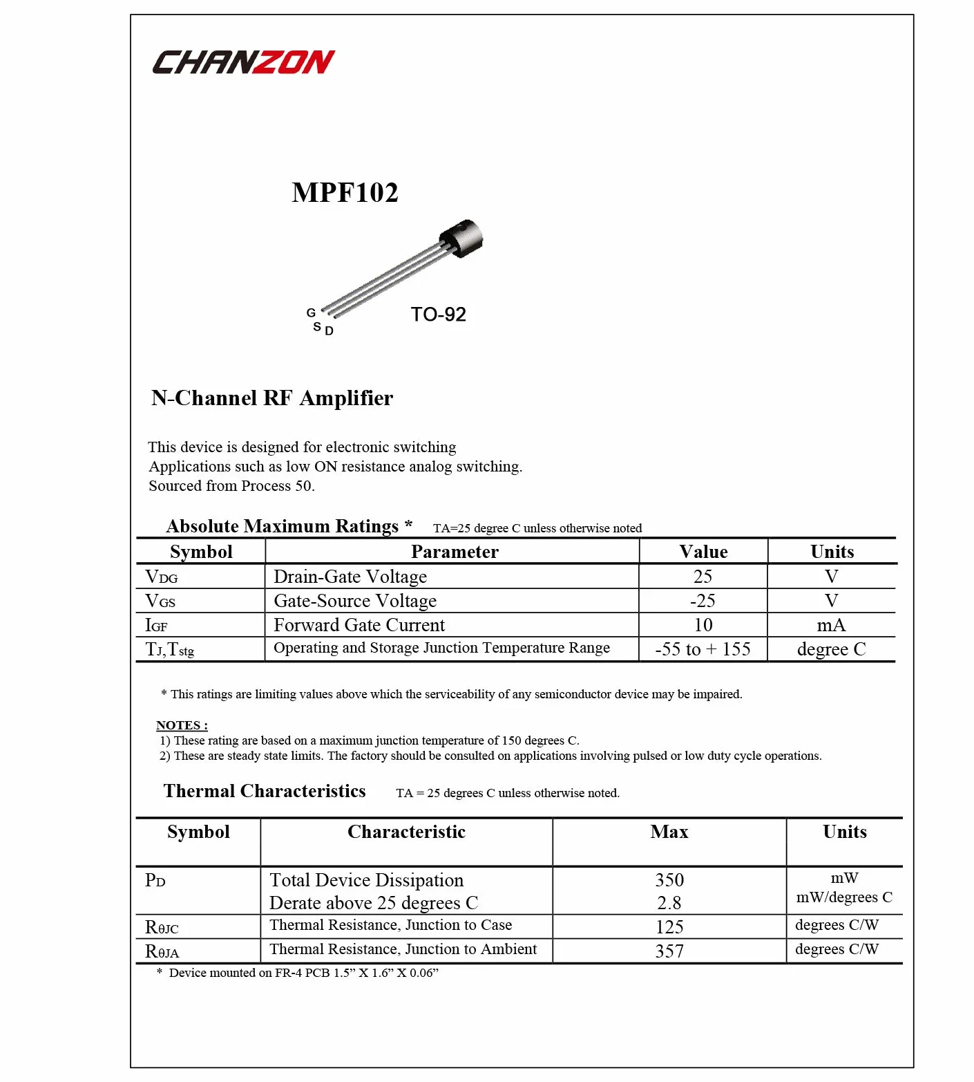 Chanzon MPF102 TO-92 Amplificatore RF Transistor 10 mA