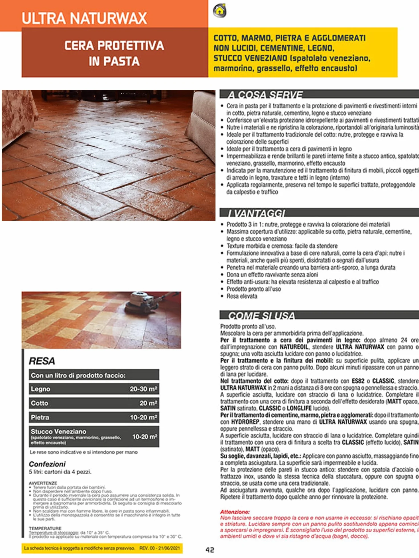 Cera per Cotto Interno Protettiva In Pasta Ultra Naturwax 5 Litri