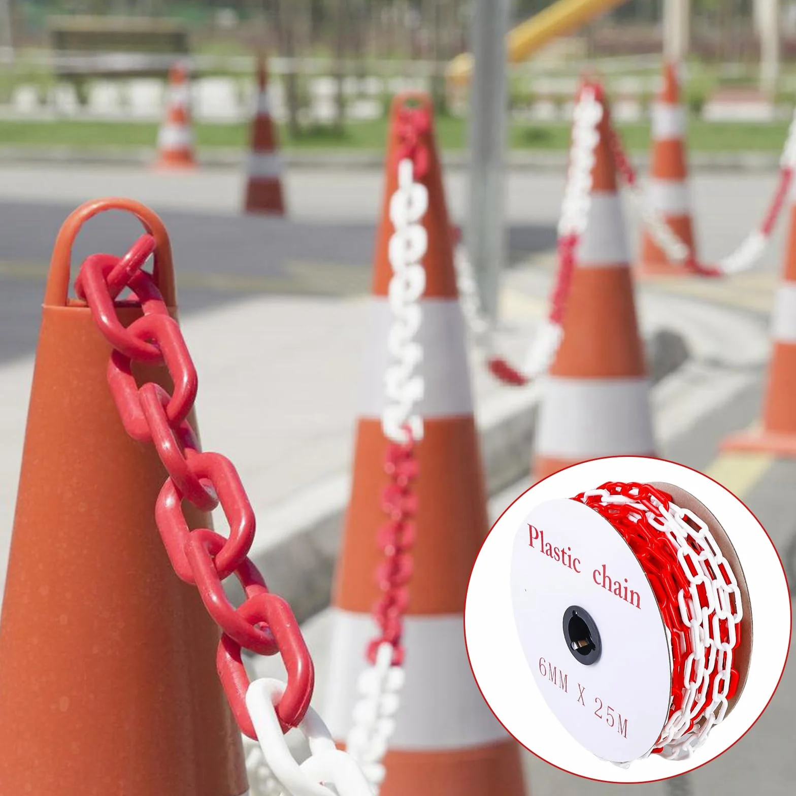 BAIFULAI 25 m di catena, catena di sbarramento da 6 mm rossa/bianca in plastica con 6 moschettoni, catena di plastica/catena di avviso, catena di sicurezza per cantiere, catena a maglie per