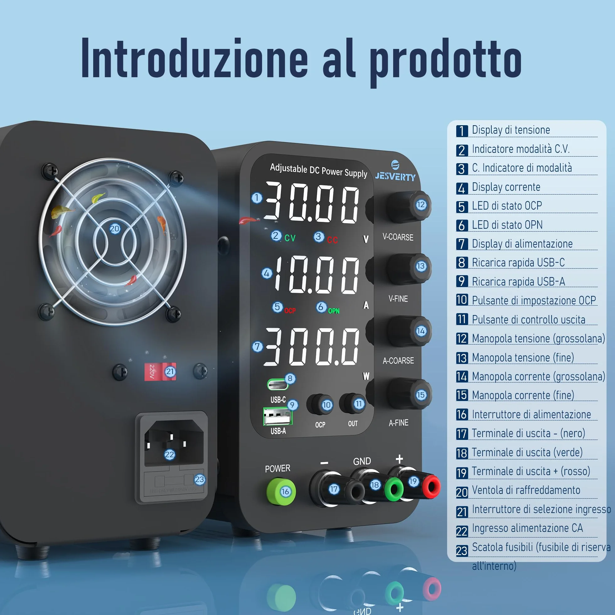 Alimentatore da Banco Variabile 32V 10A SPS-3010V con Ricarica Rapida USB Type-C 20W