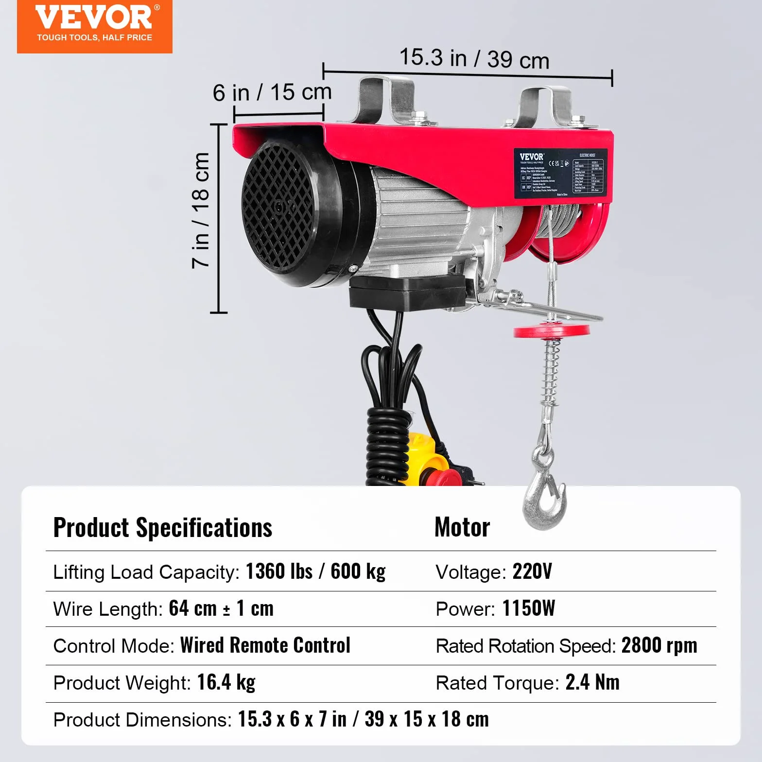 VEVOR Paranco a Leva Elettrico 1150 W Carico Max. da 600 kg Altezza di Sollevamento 12 m Motore con Telecomando, Paranco Elettrico a Leva per Sollevamento Carico Velocità 10 m/min da Garage