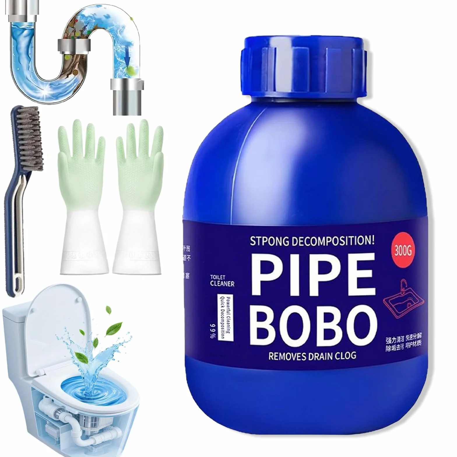 Pipe Bobo - Detergente per tubi, 300 g, tubo Bobo Cleaner Drain Unblocker, Strength Pipeline Dredging Agent, detergente professionale per scarichi per esterni, lavelli da cucina e WC (1 pezzi)