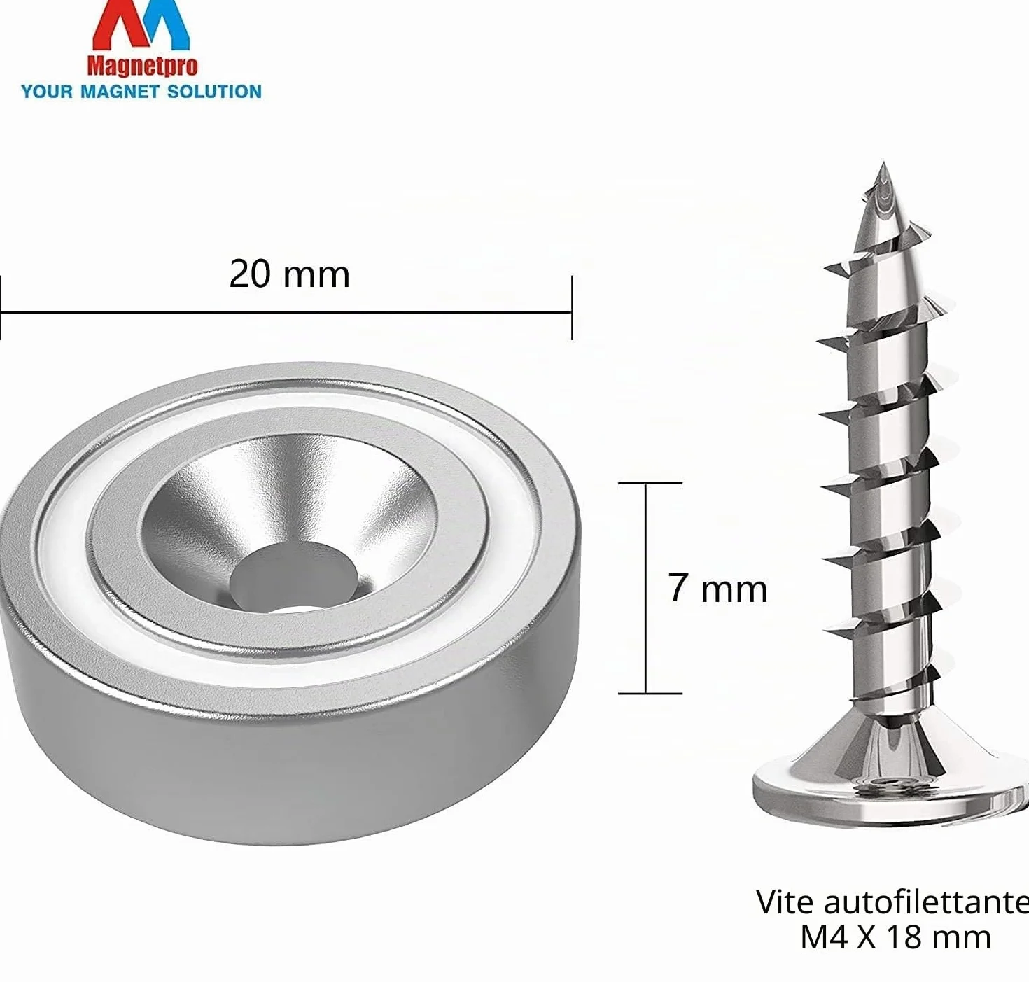 Magnetpro 12 pezzi magneti 10 KG forza 20 x 7 mm con foro e capsula, magnete al neodimio con base in acciaio svasato con viti e 12 cuscini in acciaio (Argento Brillante)