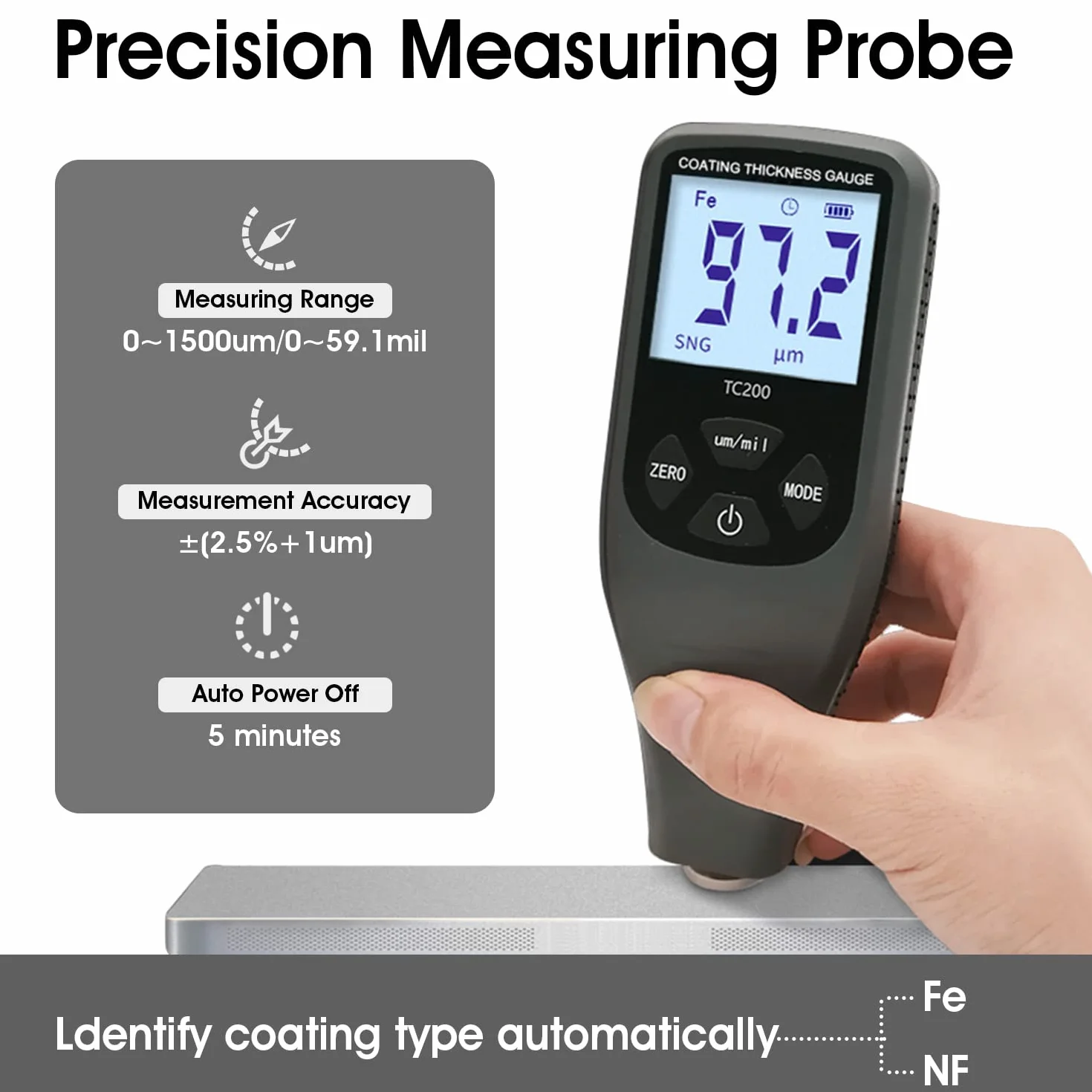 Spessimetro Vernice Digitale per Auto, Sensore Automatico Fe-NF, 0-1500 um