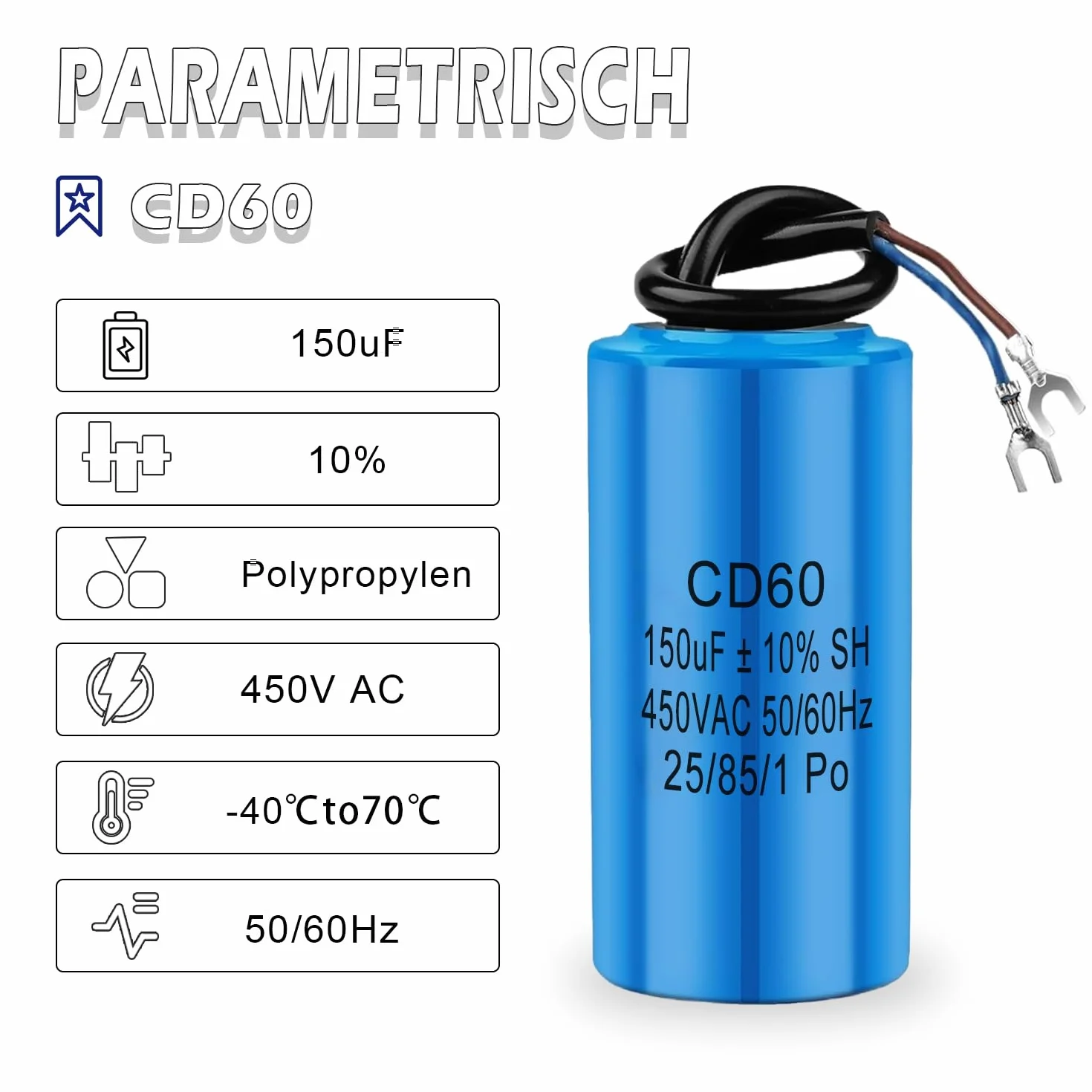 Iruihoo CD60 AC 450V 150uf 50/60Hz Condensatore, condensatore di avviamento, condensatore elettrico, condensatore del motore con cavo, per frigorifero, motore, pompa, generatore