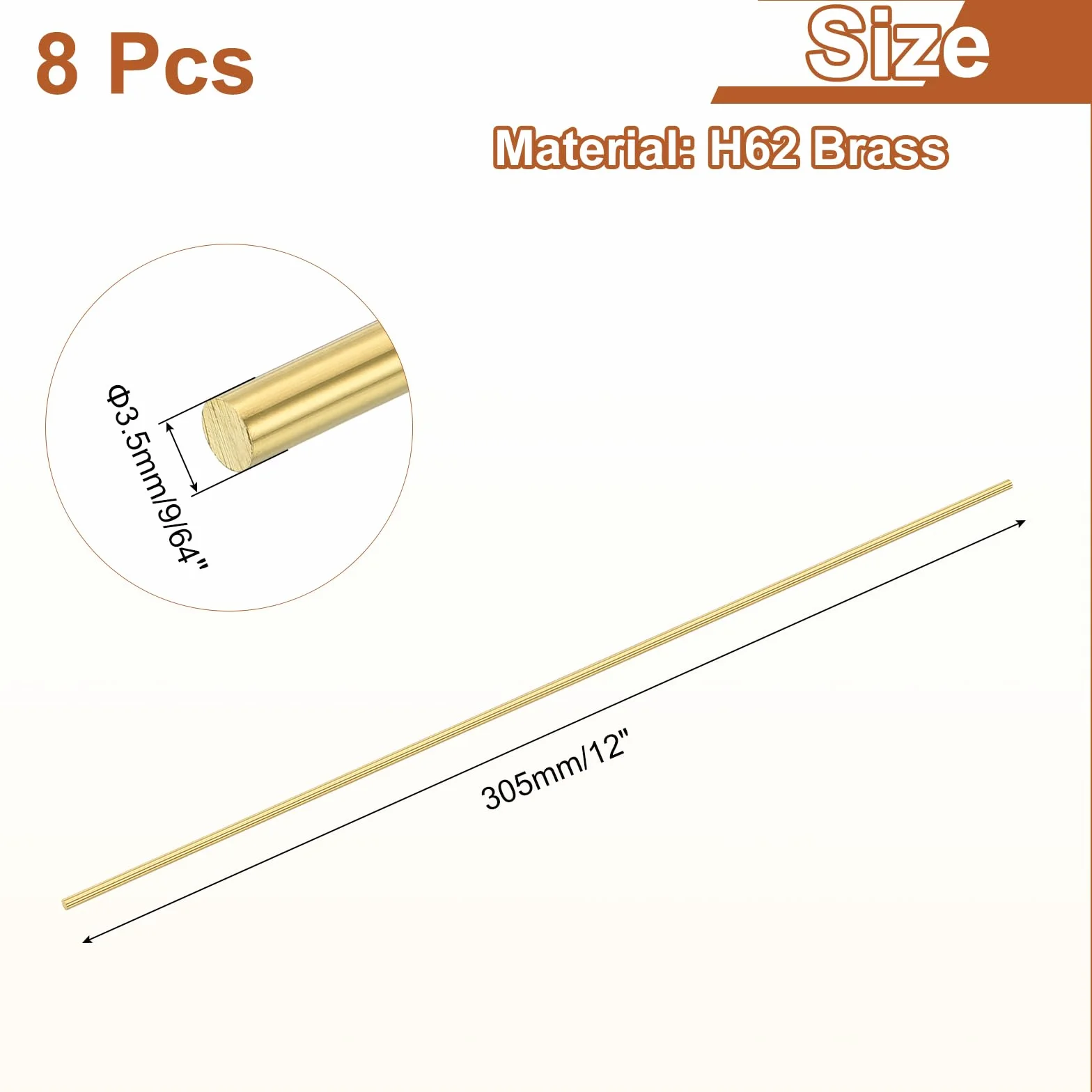 QUARKZMAN 8 Pezzi Barra Rotonda Piena In Ottone H62 9/64"(3.5mm) x 12"(305mm) Per Tornio DIY