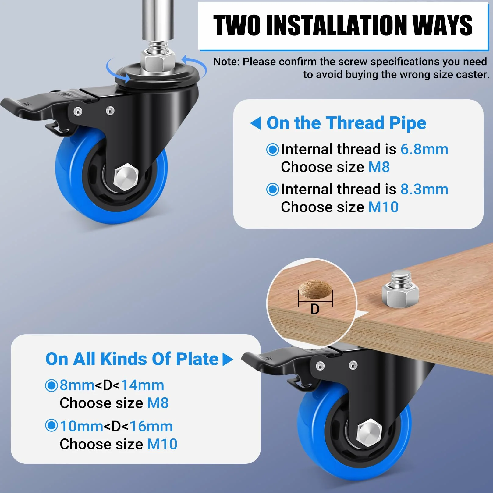 75mm Ruote per Mobili con stelo filettato M10 x 1,5x 30mm, Ruote per Carrello Carichi Pesanti Capacità 500KG, 360 Gradi Rotelle Girevoli con freno Mobili, Barbecue, Carrelli, Trasporto