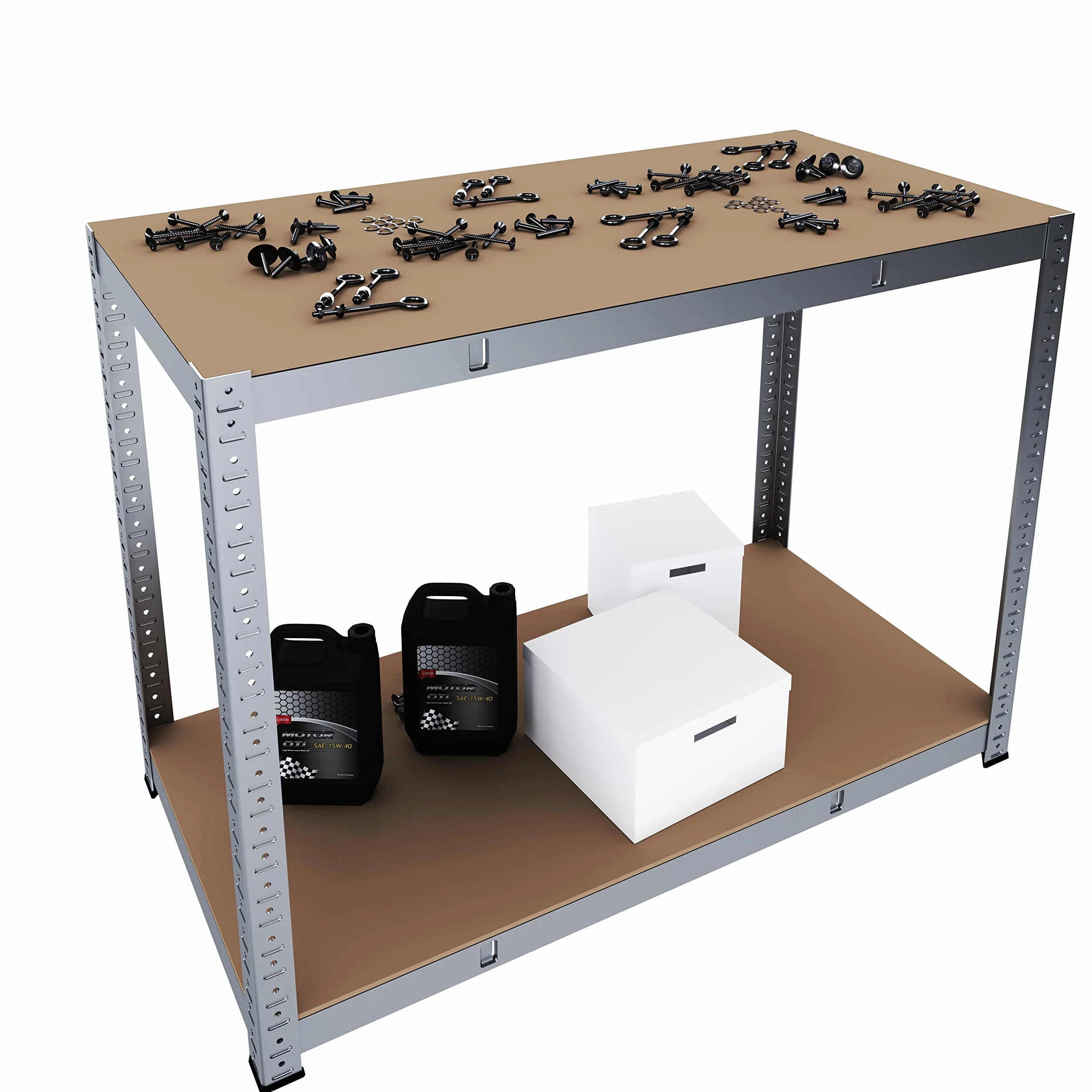 Banco Tavolo Da Lavoro Senza Bulloni In Acciaio Metallo e MDF Portata Fino a 600 Kg Con 2 Ripiani Regolabili Ideale Per Garage Officina Cantina Capannone Magazzino Design Modulare 87 x 120 x 60 cm
