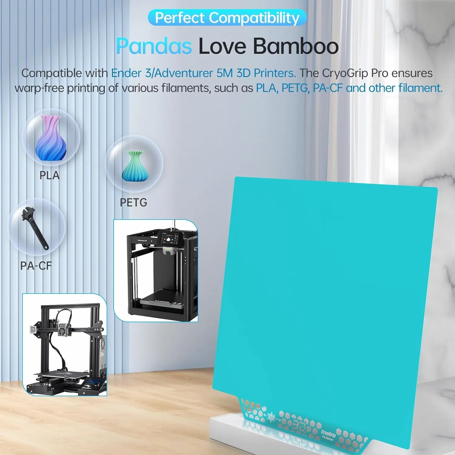 BIQU CryoGrip Pro Glacier-Original Panda Build Plate, Spring Steel Sheet for AD5M/5M Pro/K1/K1C/Ender 3 V3 SE/V3/V2/S1 Pro/V2 Neo/Pro/Kobra 2 Pro/Neptune 3 Pro 3D Printers, Firm Adhesion, 235x235mm