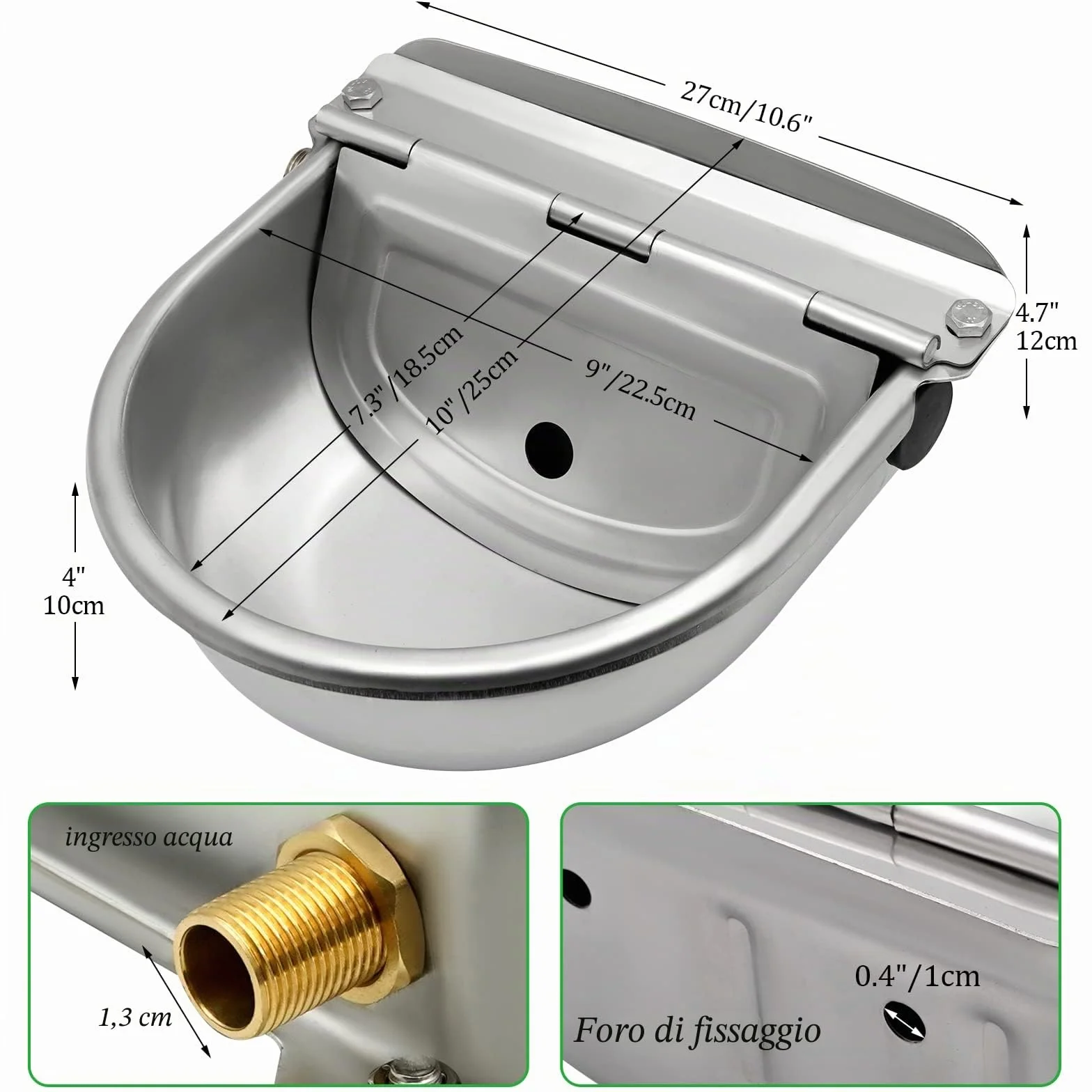 Abbeveratoio automatico in acciaio inox con valvola galleggiante per cani, cavalli, capre, pecore