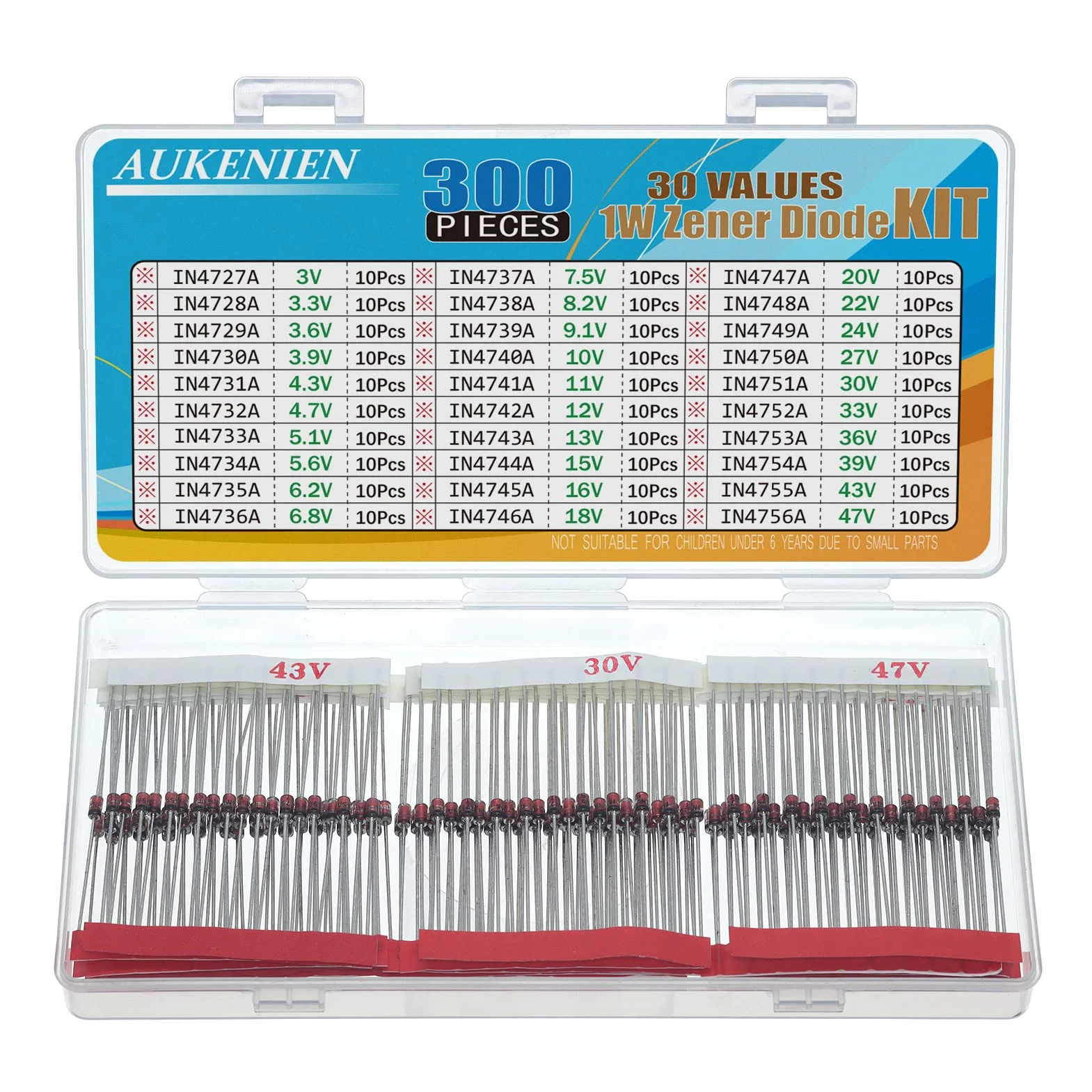 Diodi Zener 1W 30 Valori Assortimento Kit 3V-47V AUKENIEN