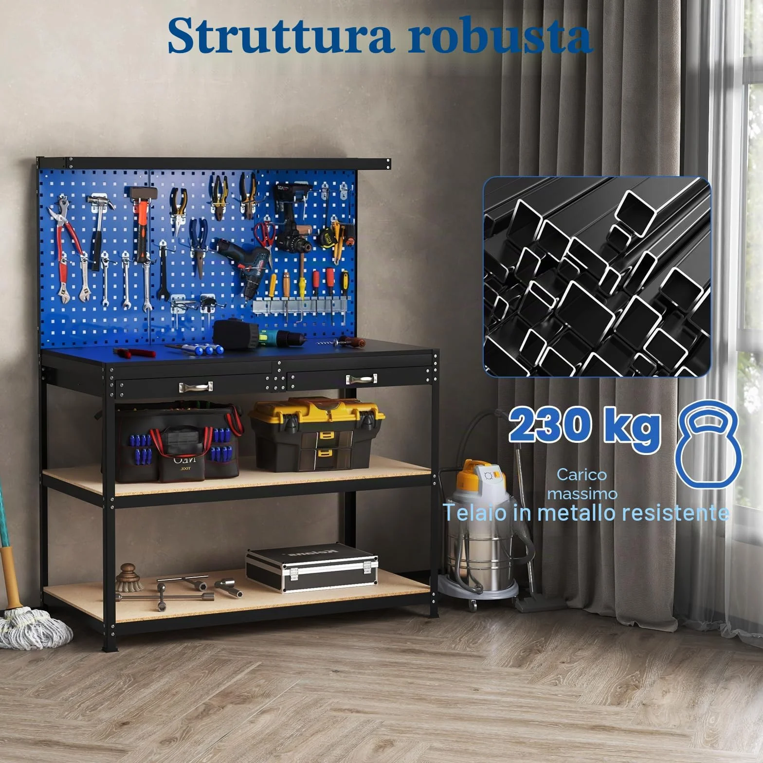 SOARS Banco da Lavoro, Organizer per Attrezzi in Metallo con 3 Pannelli Perforati con Kit di 24 Ganci, 2 Cassetti e 2 Ripiani, Banchi da Lavoro per Officina, Garage (Blu, 121 X 61 X 156 CM)