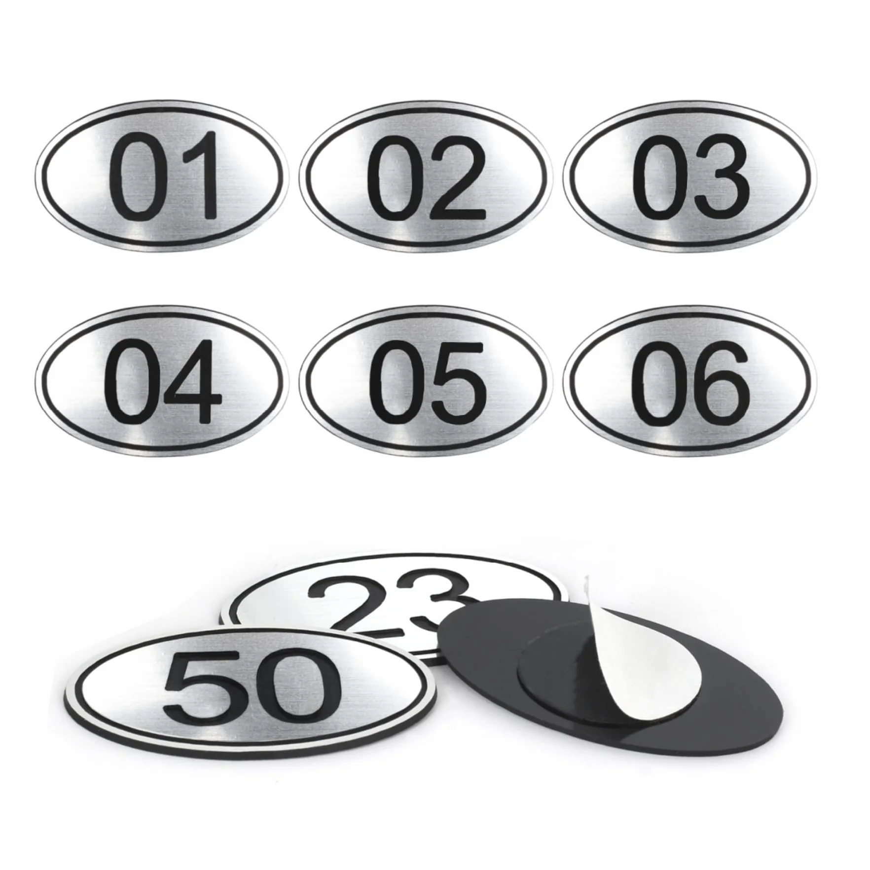 Set di 100 targhette per armadietti con numeri ovali in ABS, incisi, argentate, con nastro biadesivo, da 1 a 100