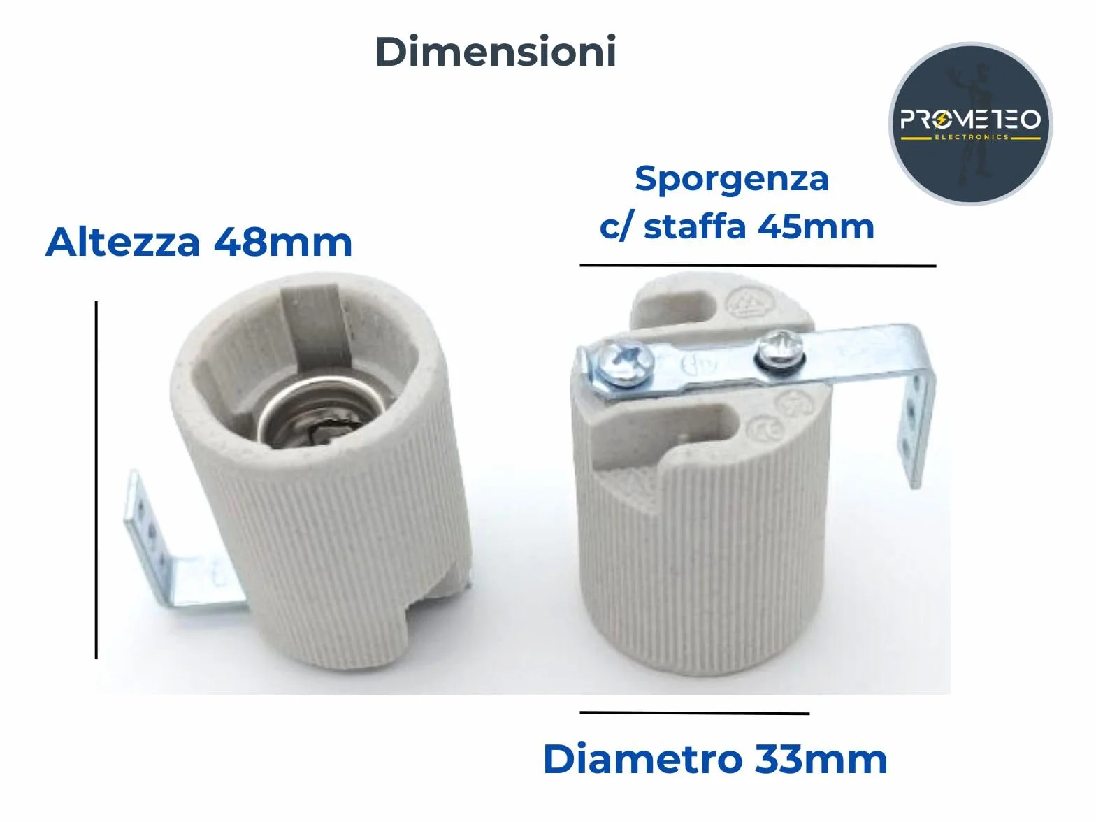Set 2 portalampade E14 in ceramica porcellana con staffa metallica di fissaggio laterale