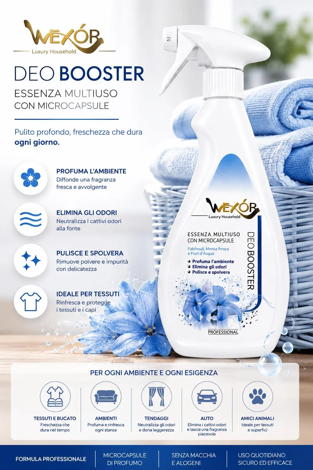 WEXÓR Deo Booster Essenza Multiuso Spray Profumatore Tessuti e Ambienti Patchouli e Menta Fresca 2x750ml