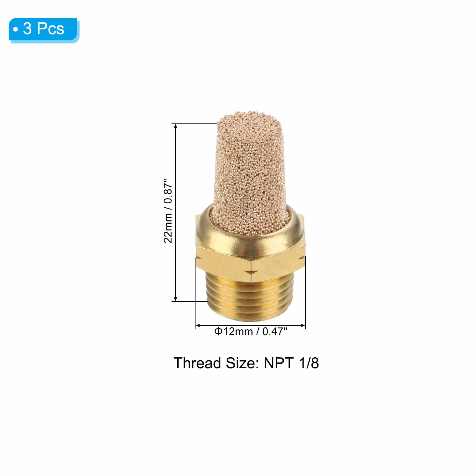 PATIKIL Marmitta Pneumatico NPT 1/8, 3 Confezioni Filtro Marmitta di Scarico Compressore d'Aria in Ottone Bronzato Sinterizzato, Dorato