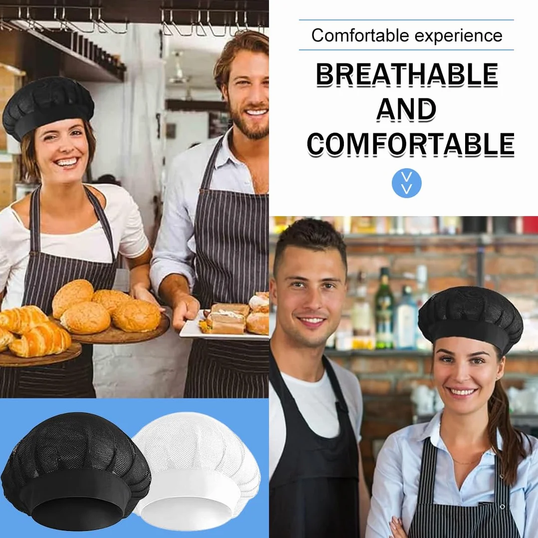 Cappello da Cuoco 4 PCS Cuffia Cucina Regolabile Retina per Capelli Riutilizzabile Berretto Ristorante Bianco e Nero