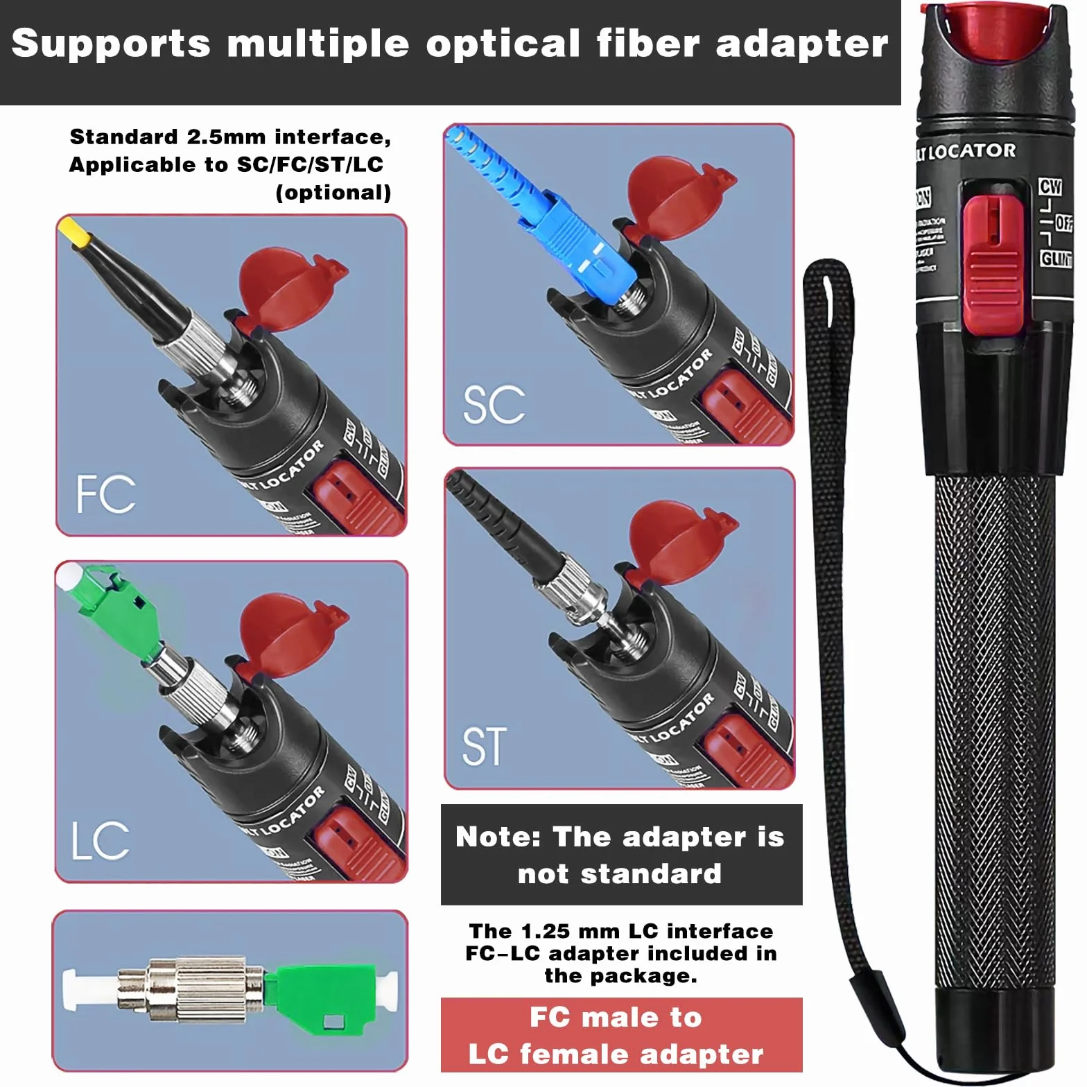 Localizzatore di guasti visivi da 50 mw con connettore FC/APC maschio a LC/APC, kit test VFL 50 km, tester in fibra ottica con adattatore FC a LC-SM9/125, Supporta connettori SC/FC/ST/LC