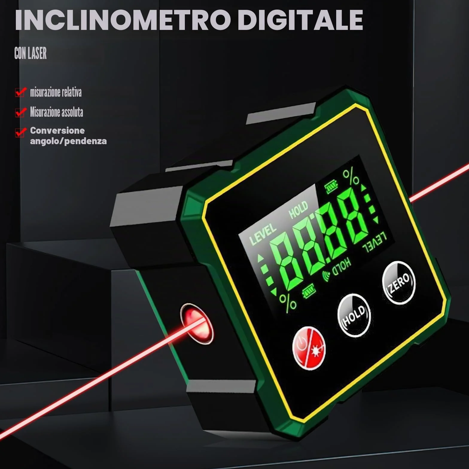 2 in 1 Digital Angle Finder Magnetico Laser Elettronico Misuratore di Angolo Magnetico Ricaricabile 4 Lati Inclinometro Trasportatore Retroilluminato LCD