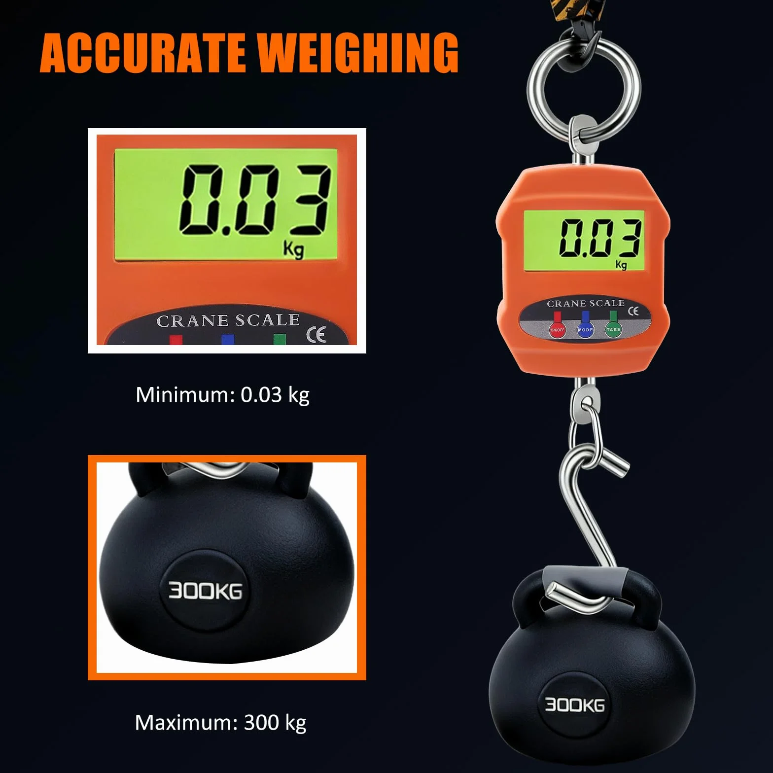Bilancia digitale per gru 300 kg, display LCD, portatile, kg/lb/N, con batteria