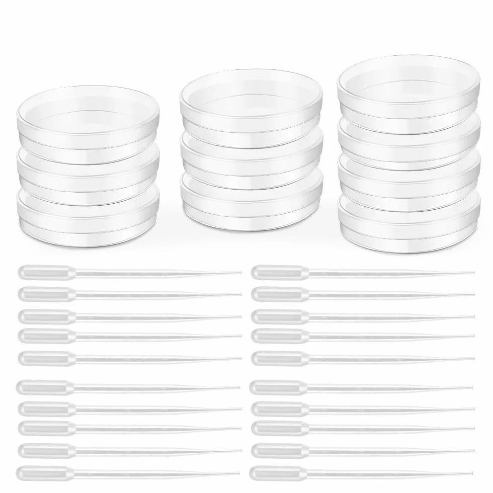 20 Pz Piastra di Petri Capsule Petri Plastica Trasparenti Piastre Coltura Batterica 90 mmx15 mm con 20 PCS Pipette di Trasferimento in Plastica 3ml per Laboratorio Esperimento Biologia