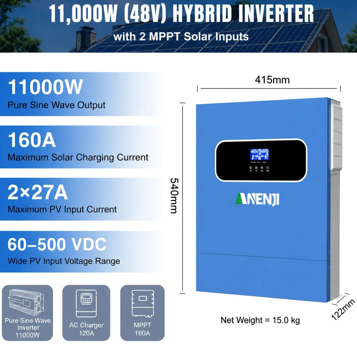 Invertitore ibrido solare da 11000 W, da 48 V CC a 230 V CA, ad onda sinusoidale pura, con MPPT da 160 A, immissione in rete, 2 ingressi PV da 5500 W, funzionamento senza batteria + monitoraggio