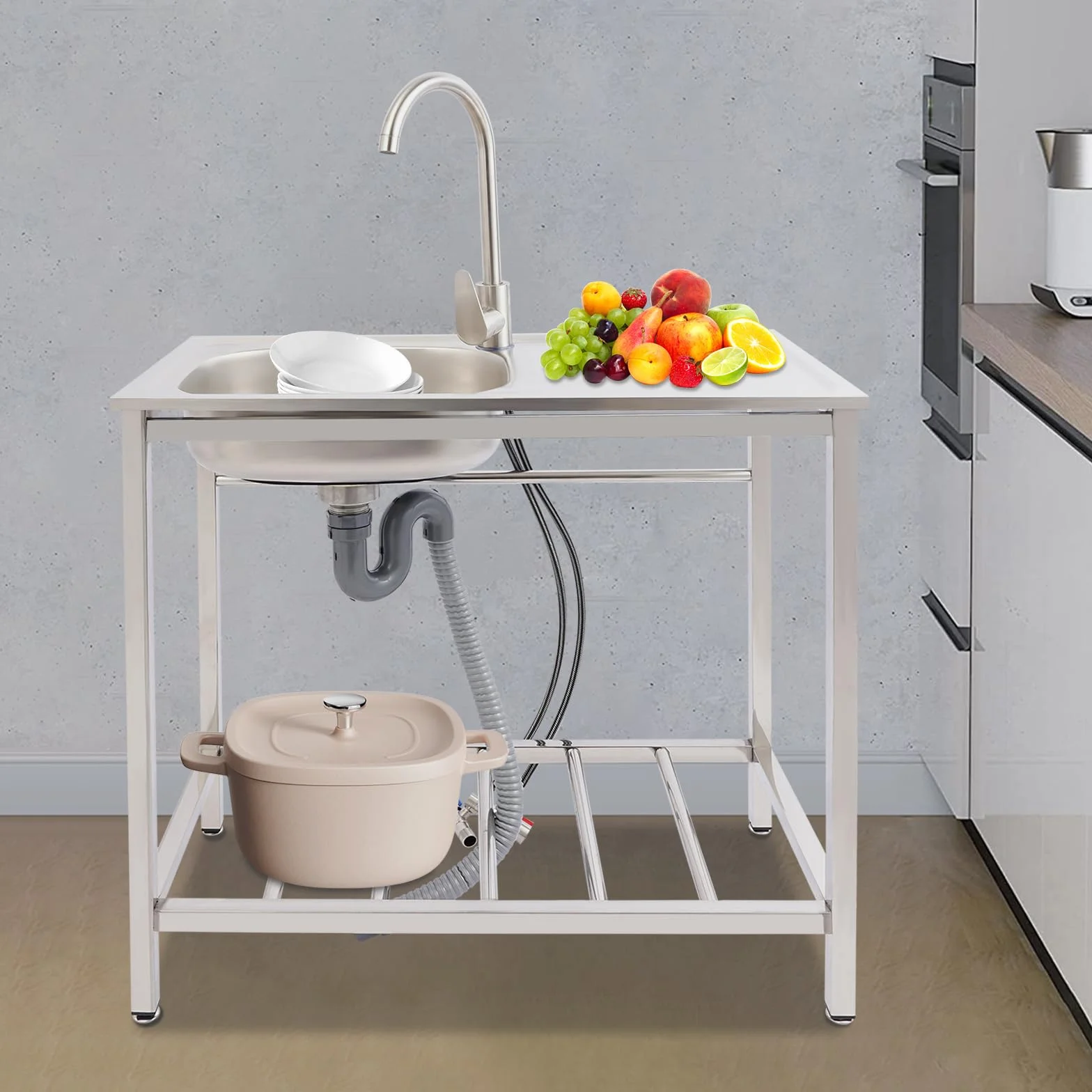 Lavello da esterno autoportante, 1 vasca lavello mobile con rubinetto per acqua calda e fredda e mobiletto sottostante, tavolo lavello in acciaio inox lavello da cucina per ristoranti, caffè