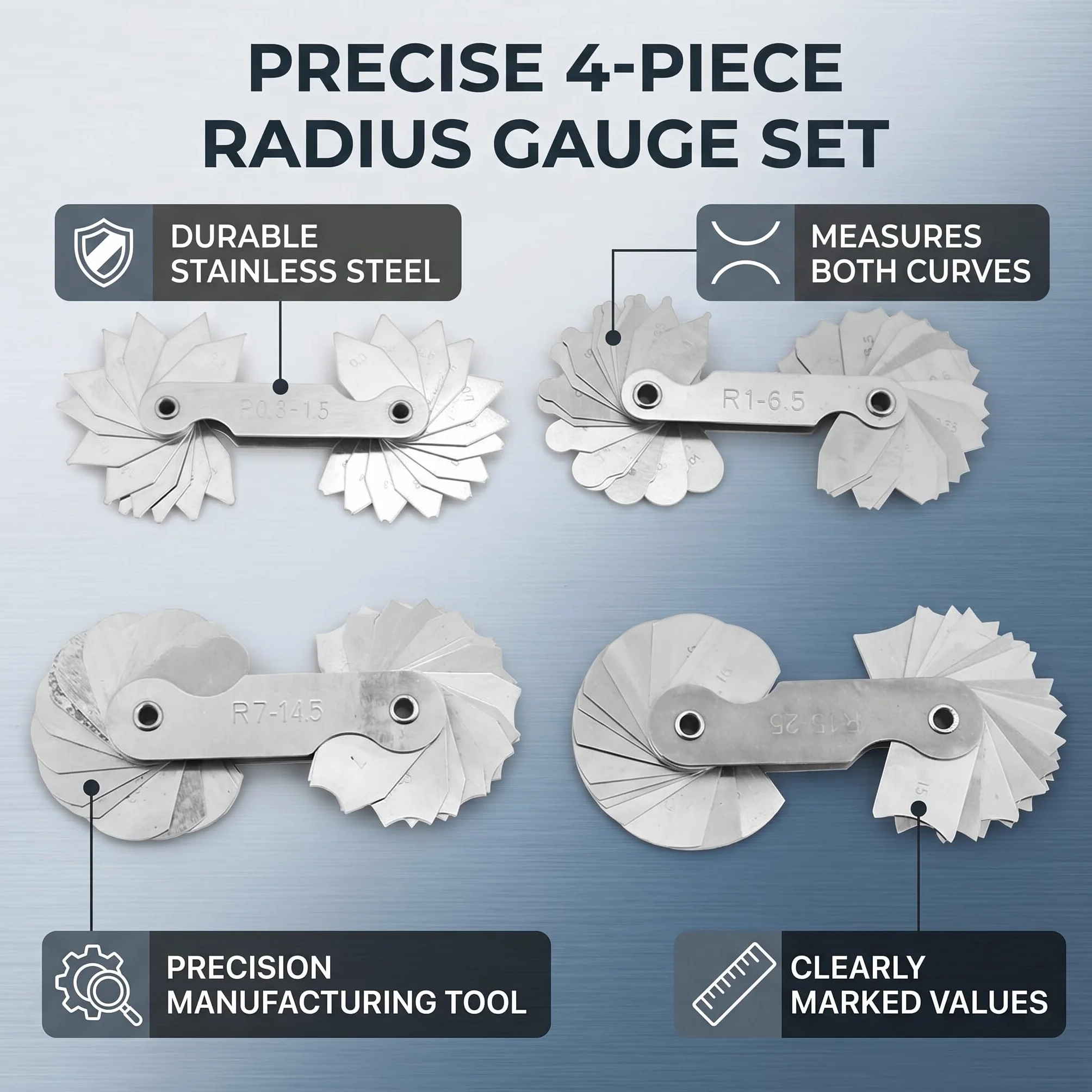 Raggio Strumento di misura convesso concavo in acciaio inossidabile R0.3-1.5 R1-6.5 R7-14.5 R15-25 per costruttori utensili stampi