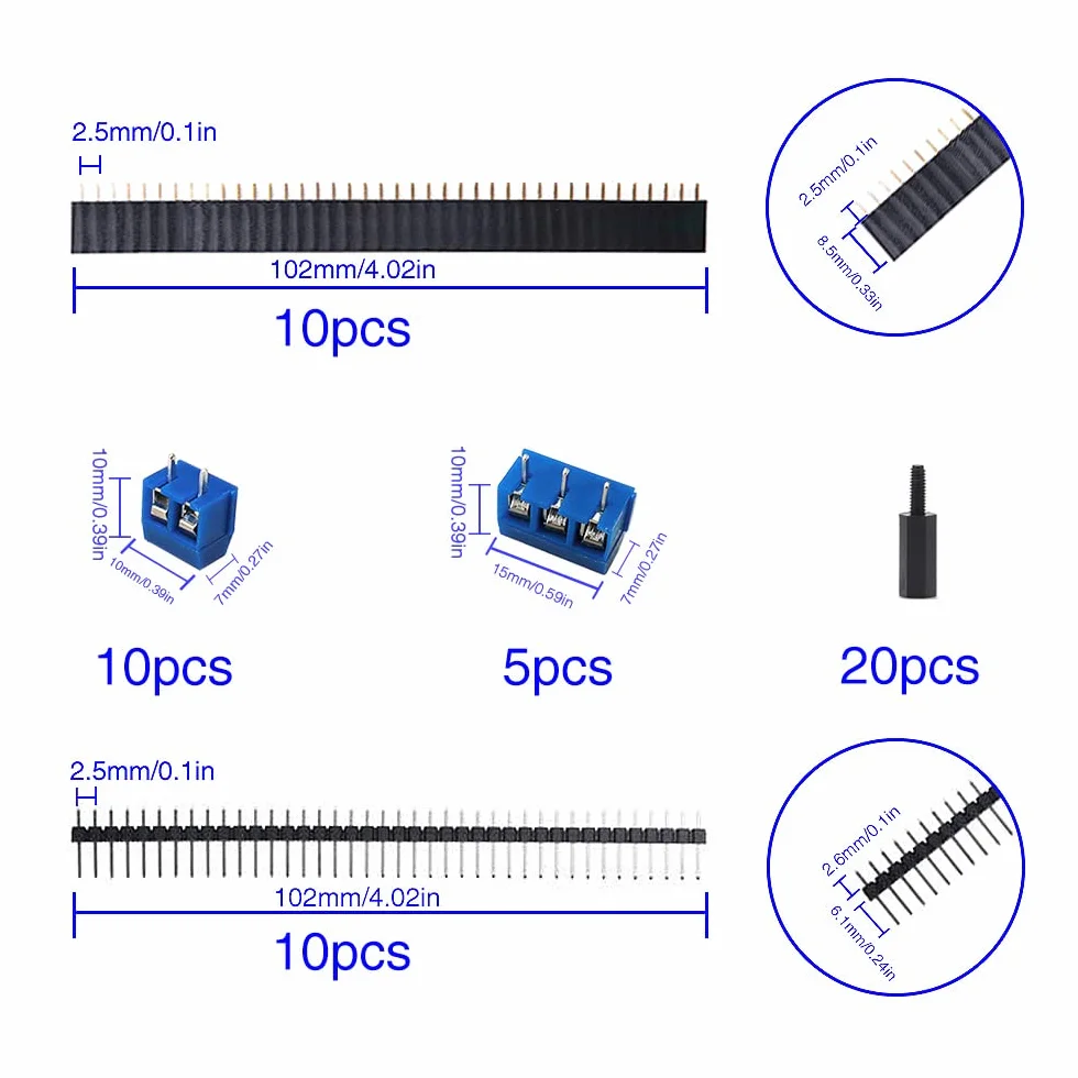 VooGenzek 75 Pezzi Kit di schede PCB, include 20 Pezzi una Scheda PCB a Doppia Faccia, 20 Pezzi Connettori Maschio/Femmina, 15 Pezzi 2/3 Pin Terminale a Vite, 20 Pezzi Colonna in Nylon