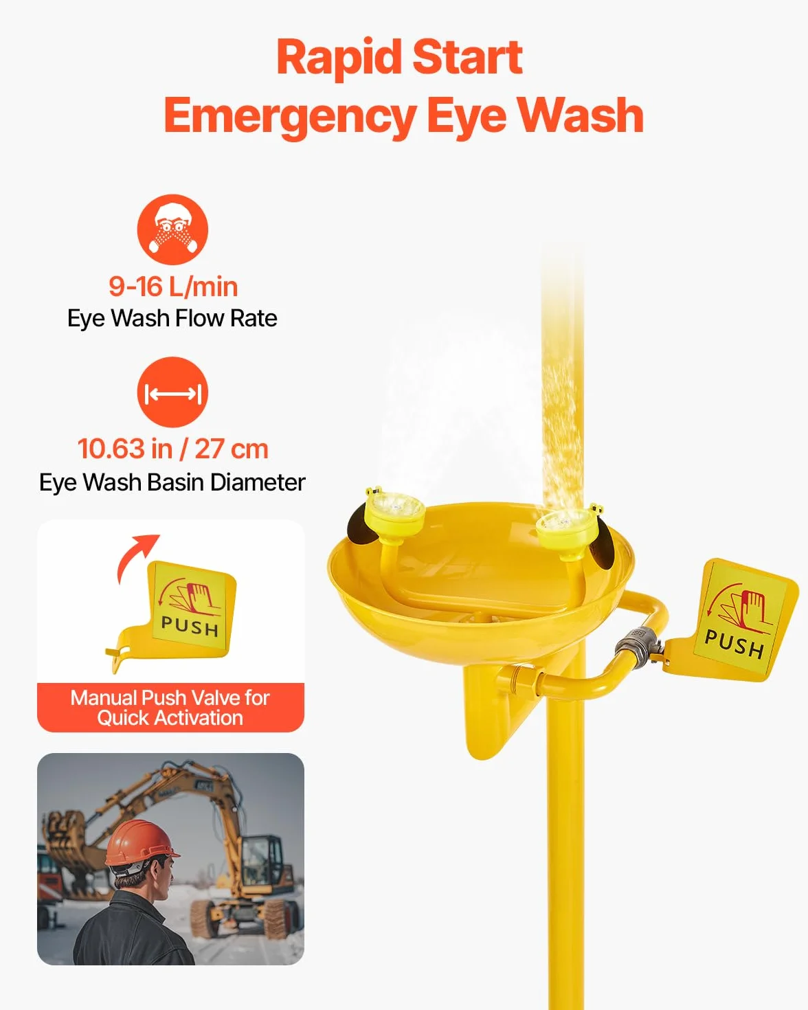 VEVOR Stazione Lavaggio Oculare Emergenza 870x400x2330 mm Lavaocchi Doccia Acciaio Inossidabile 304 Giallo