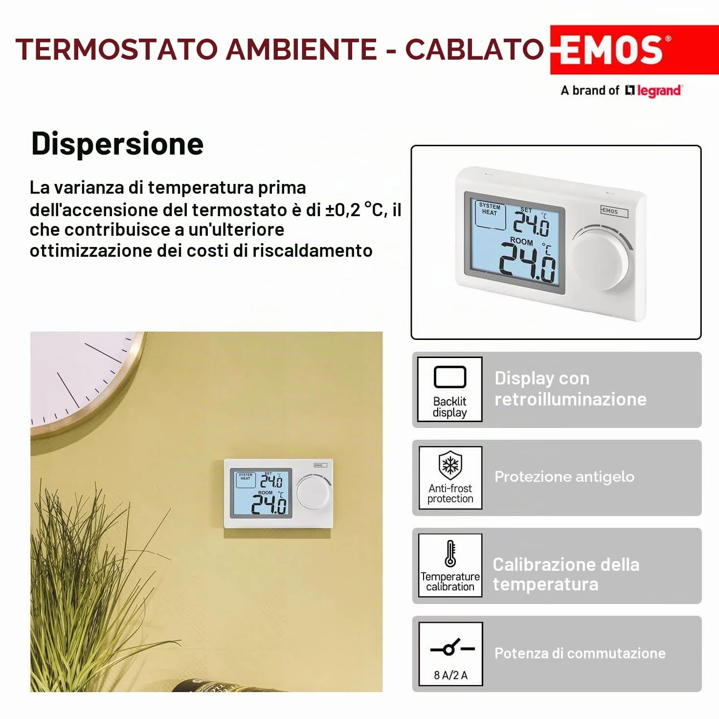 EMOS Termostato ambiente digitale, a parete portatile per sistemi di riscaldamento e raffreddamento, regolatore della temperatura per il controllo meccanico, cablato