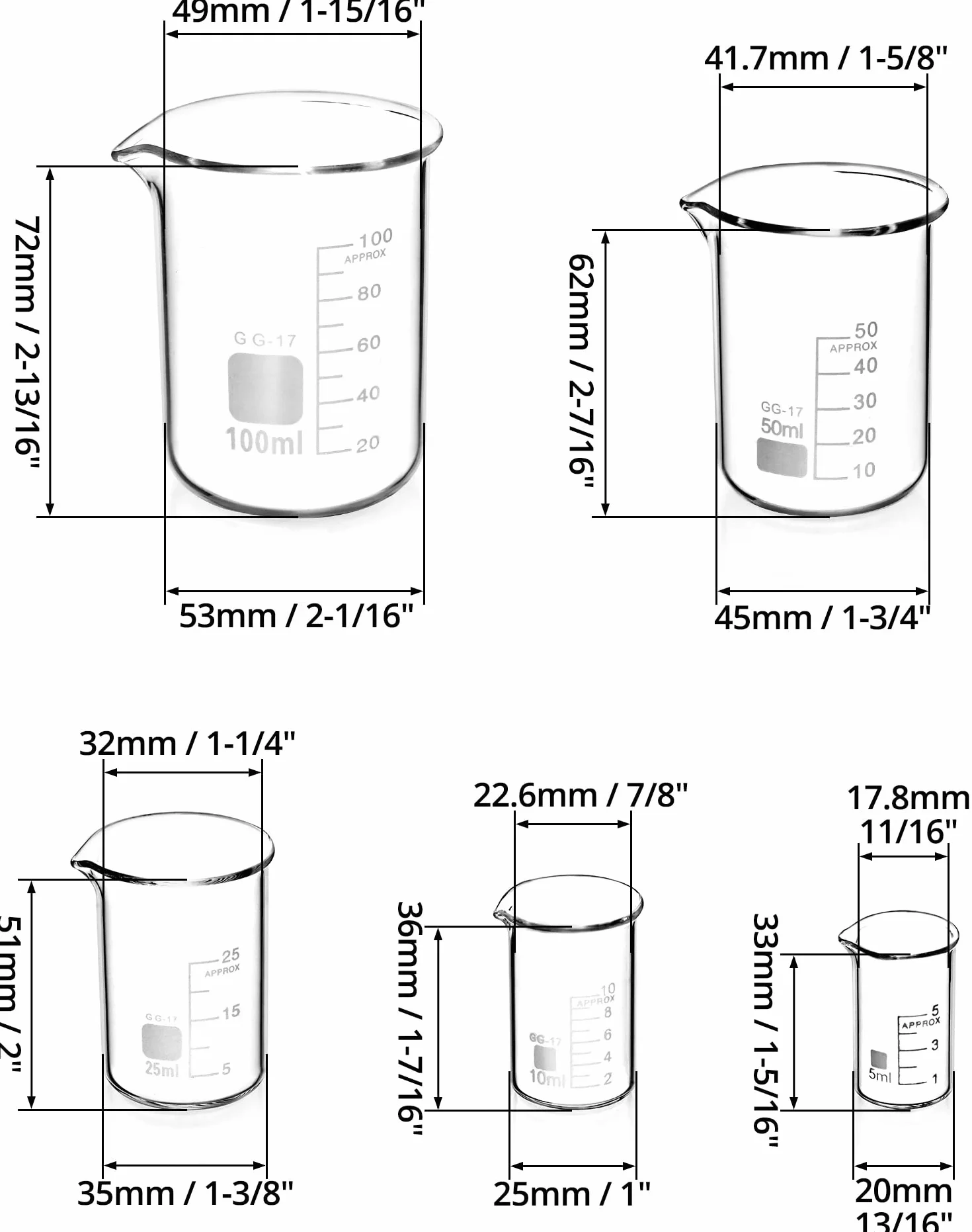 QWORK® 5 Pezzi Becher Graduato in Vetro Borosilicato 3.3, 5ml-100ml Misurino per Laboratorio